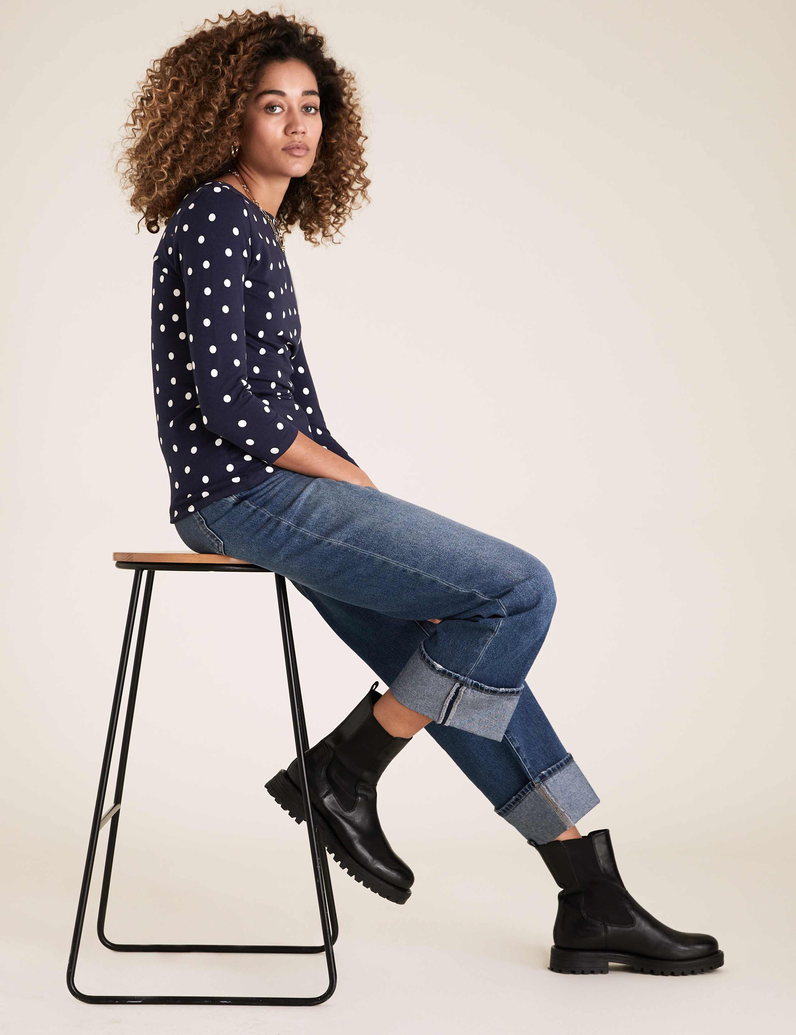 Cotton Polka Dot Slash Neck Fitted Top 3 of 4