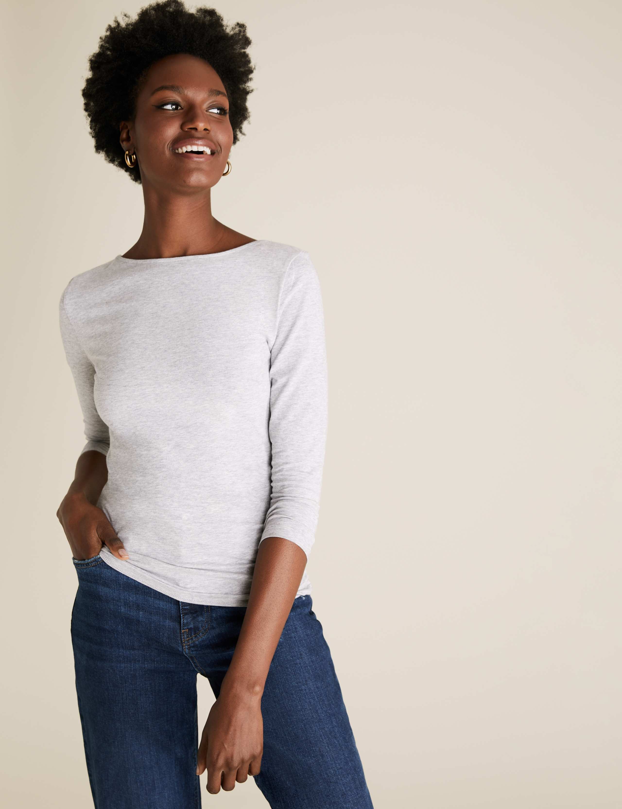 Cotton Rich Slash Neck Fitted 3/4 Sleeve Top 3 of 4