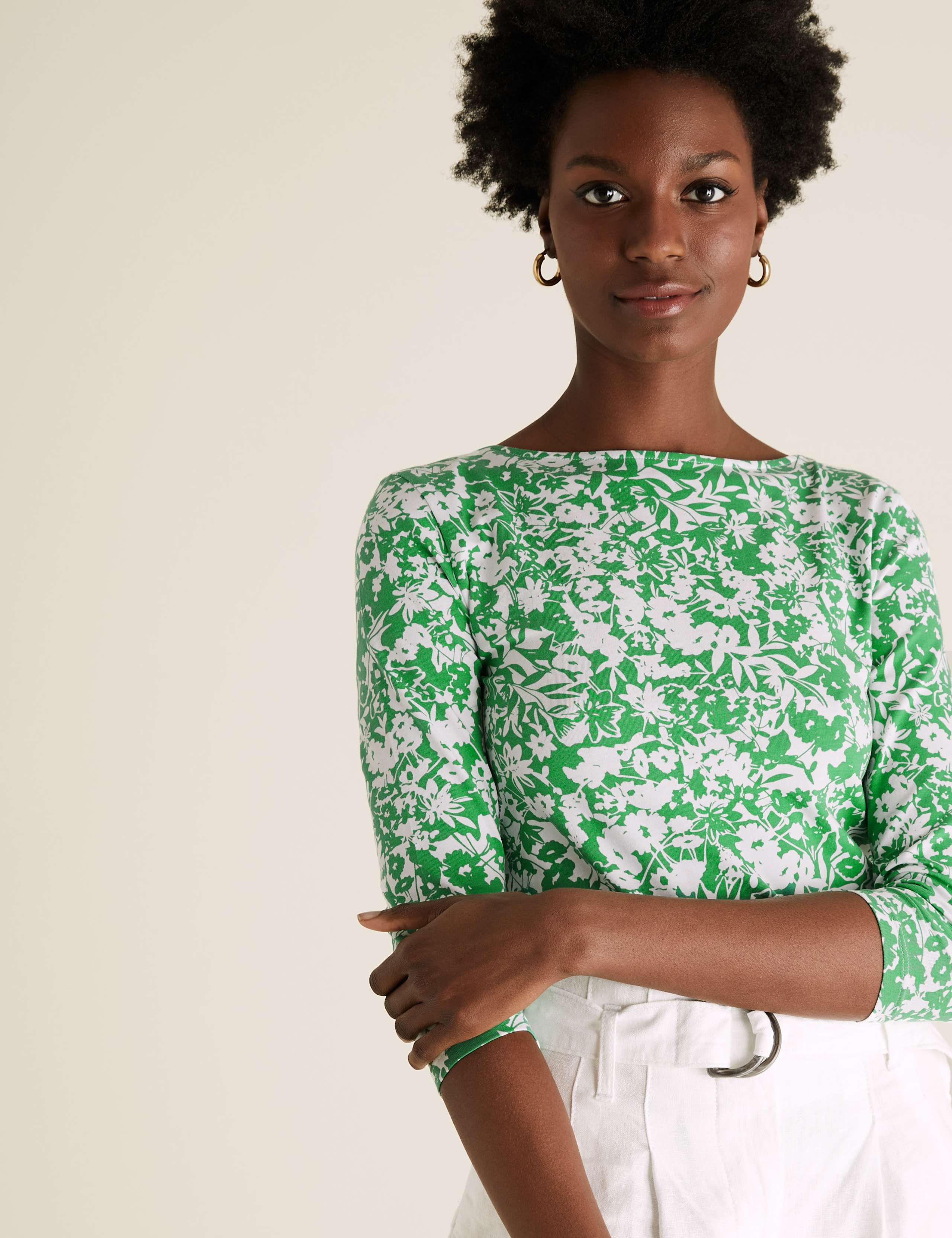 Cotton Rich Printed Slash Neck Fitted Top 3 of 5