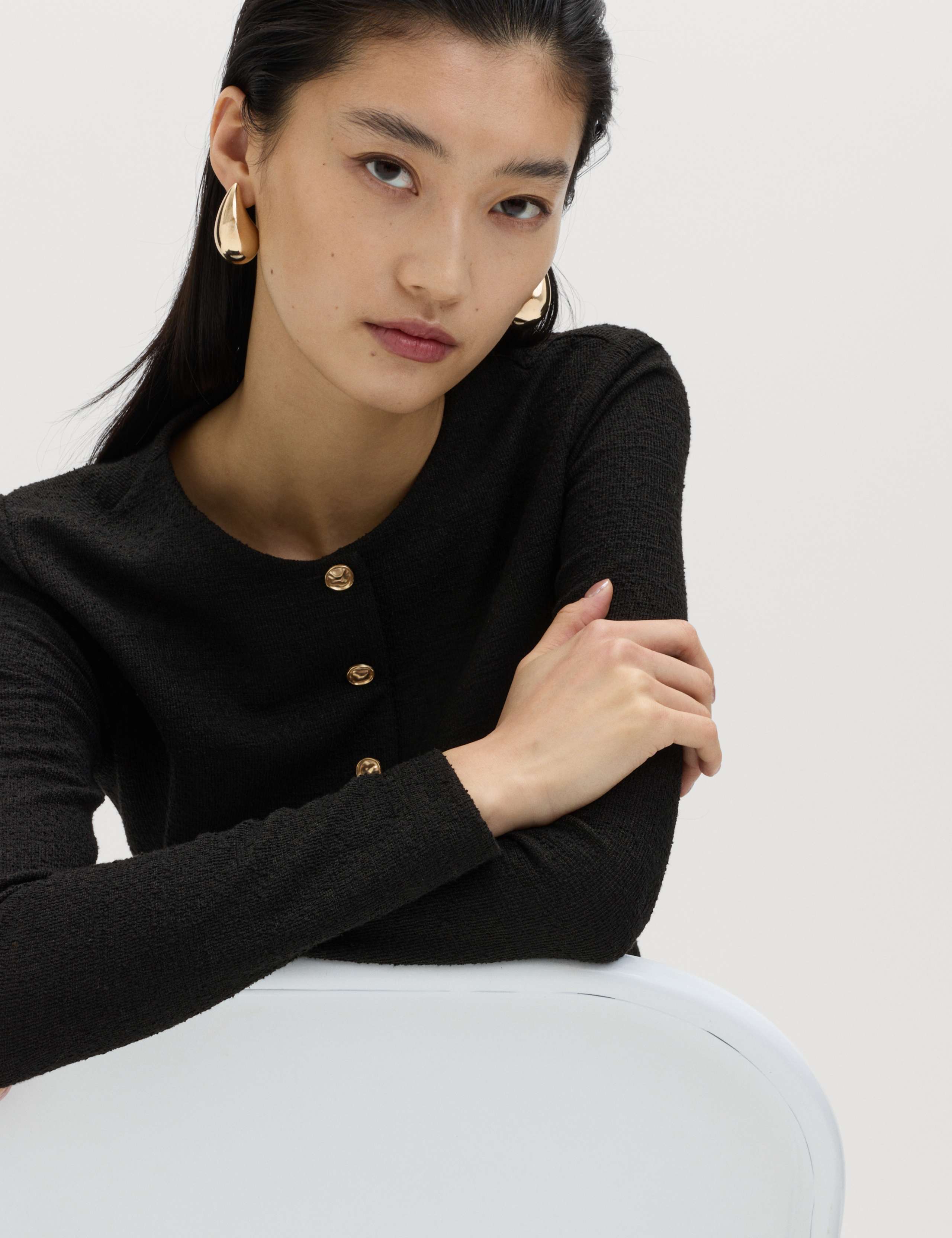 Textured Button Detail Peplum Top with Cotton 1 of 6