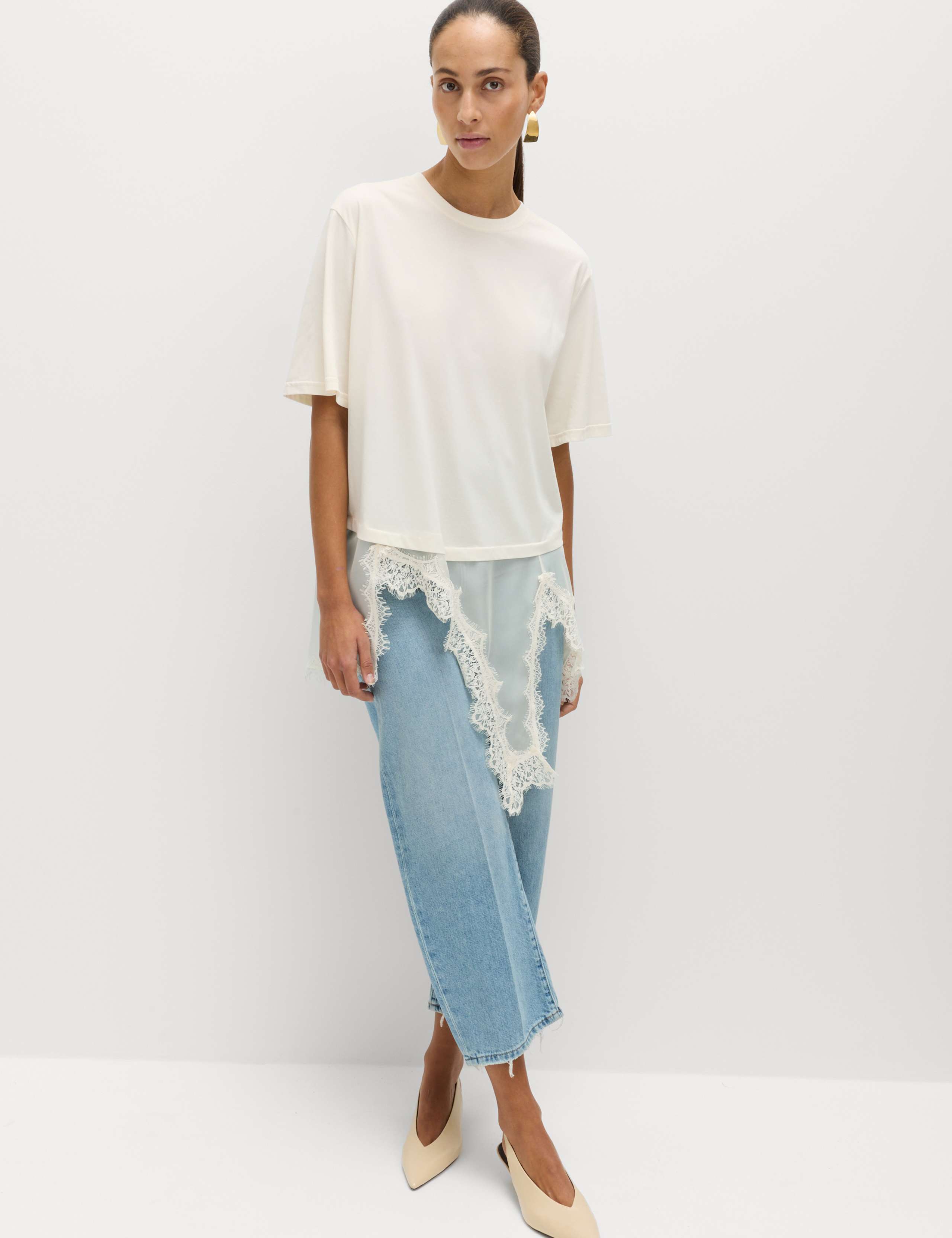 Cotton Blend Lace Hem Detail T-Shirt 1 of 6