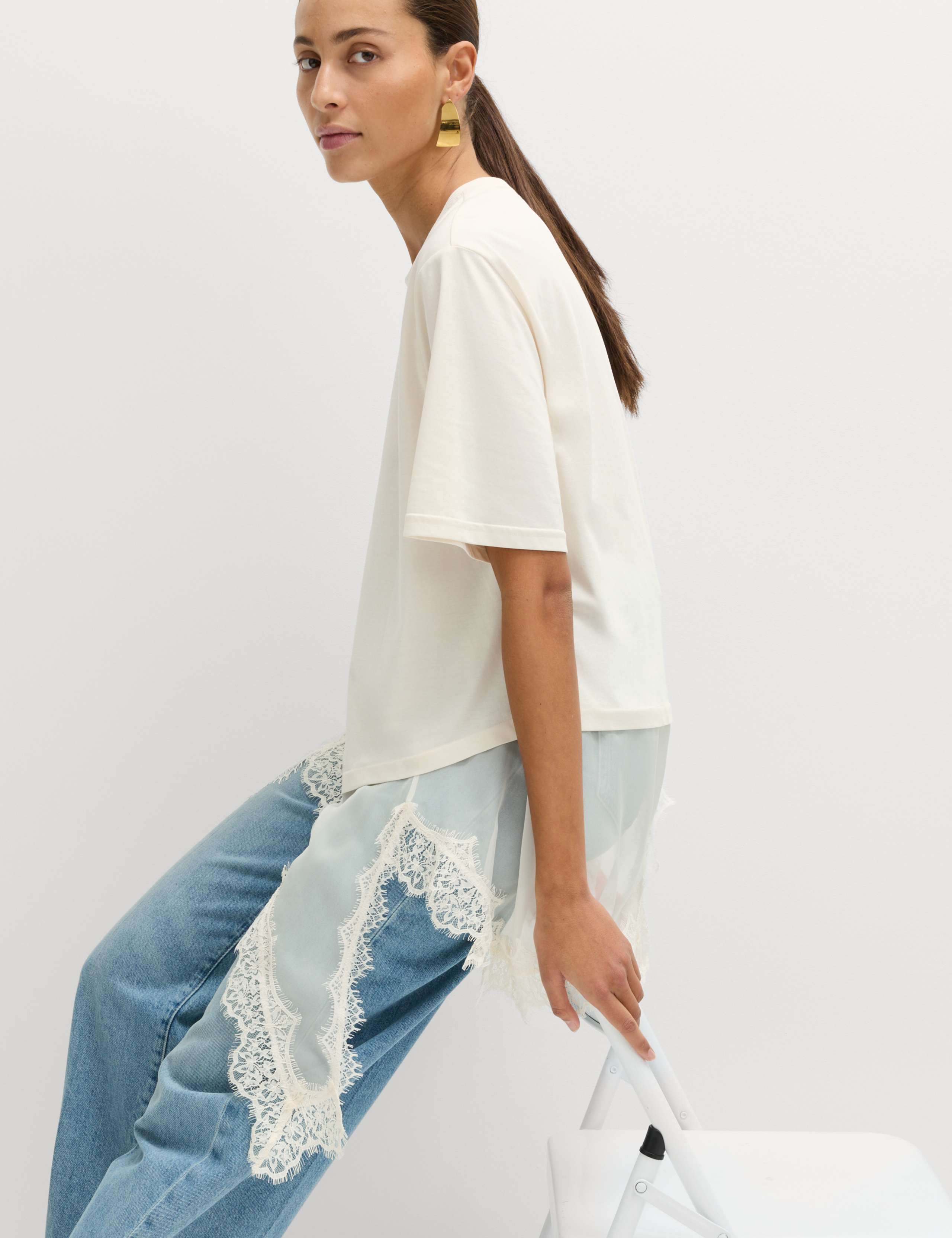 Cotton Blend Lace Hem Detail T-Shirt 5 of 6