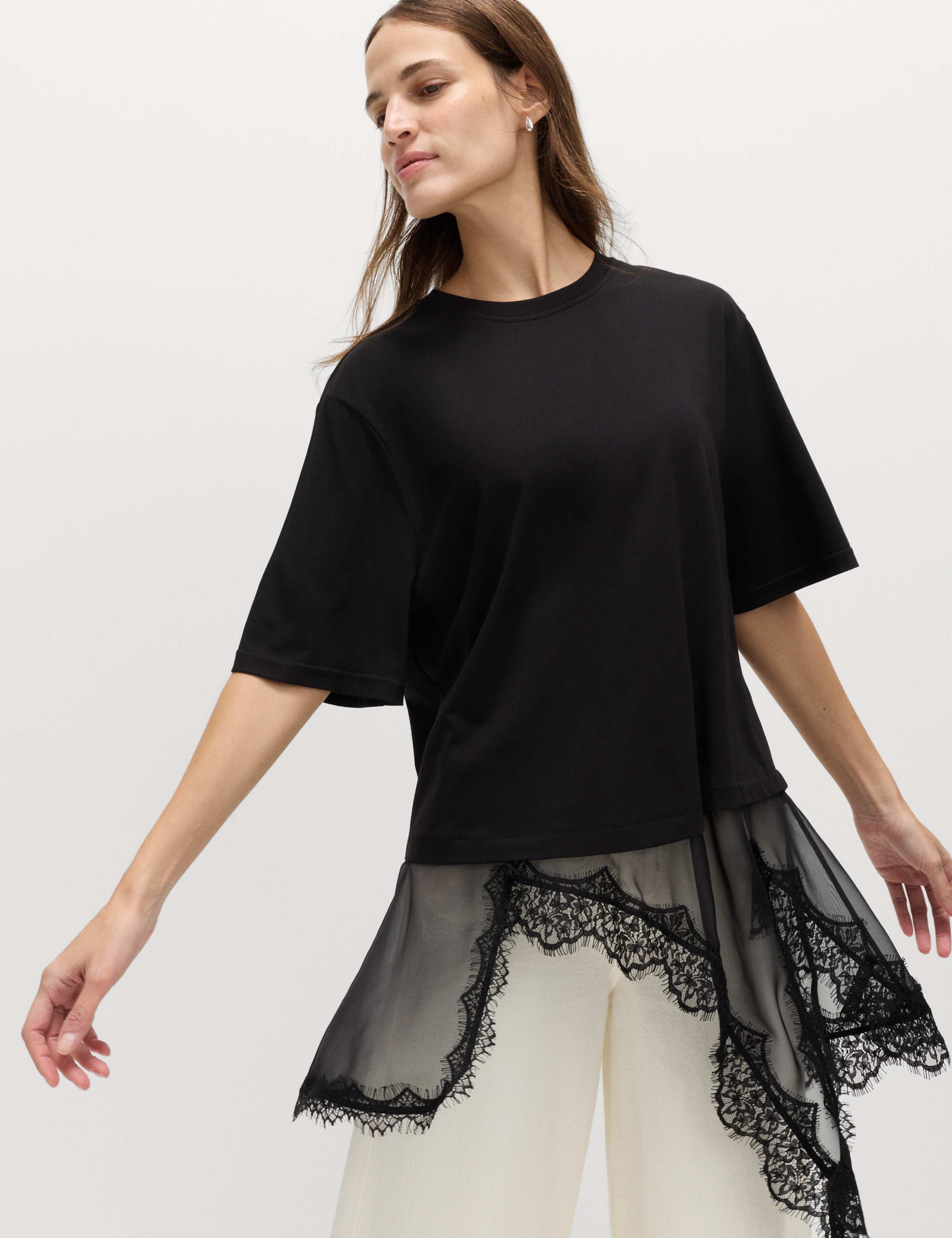 Cotton Blend Lace Hem Detail T-Shirt 1 of 6