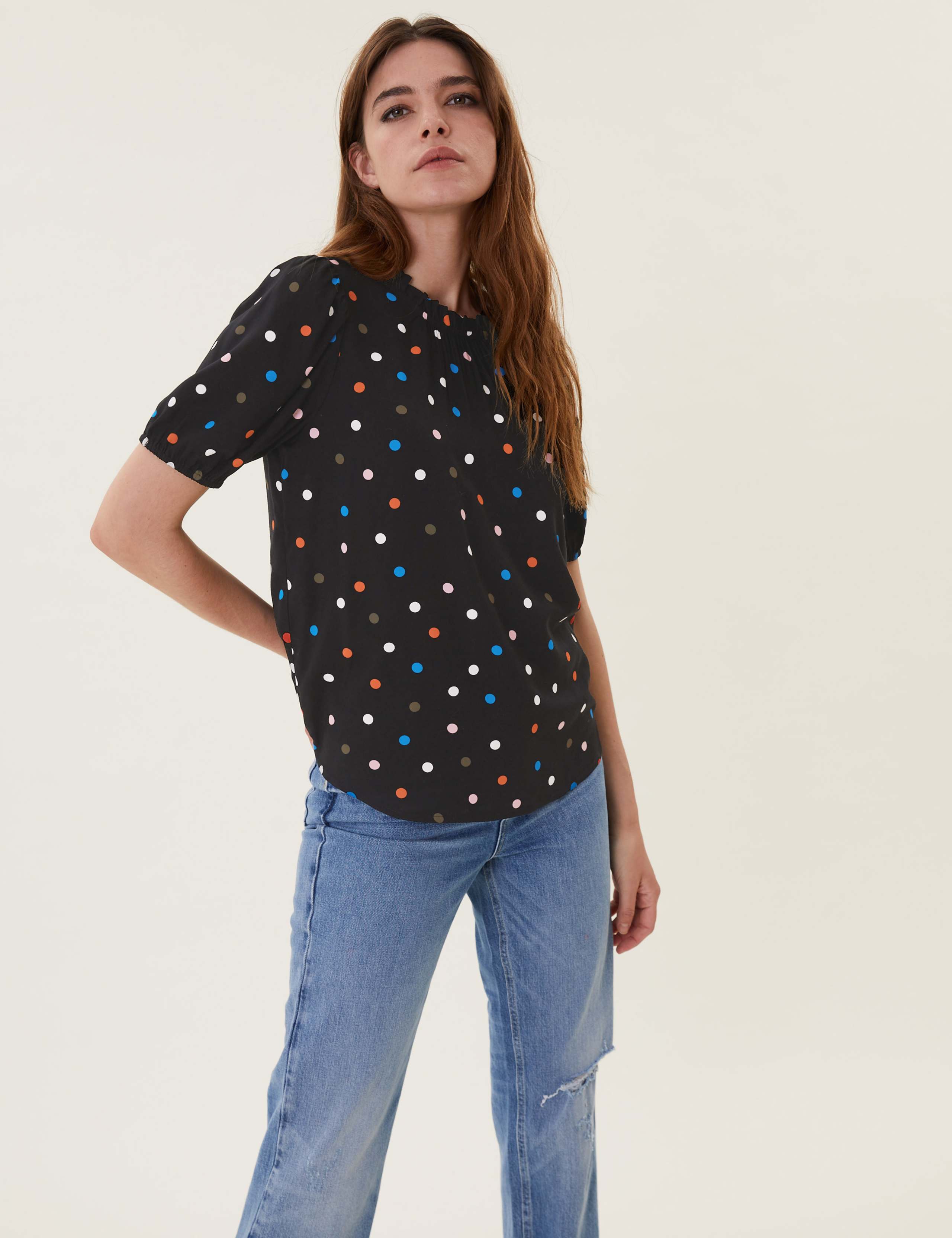 Printed Frill Neck Puff Sleeve Top 1 of 5