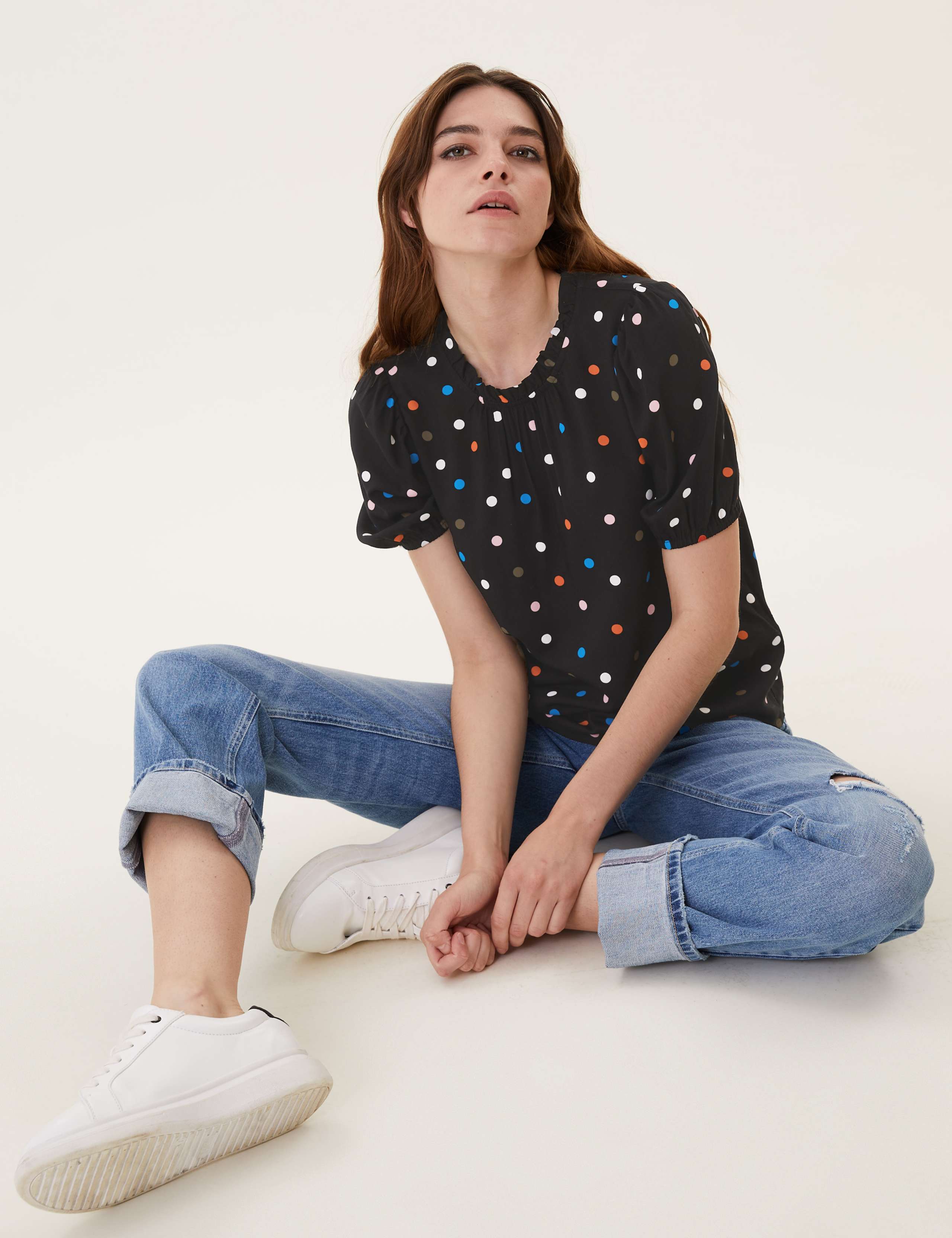 Printed Frill Neck Puff Sleeve Top 3 of 5
