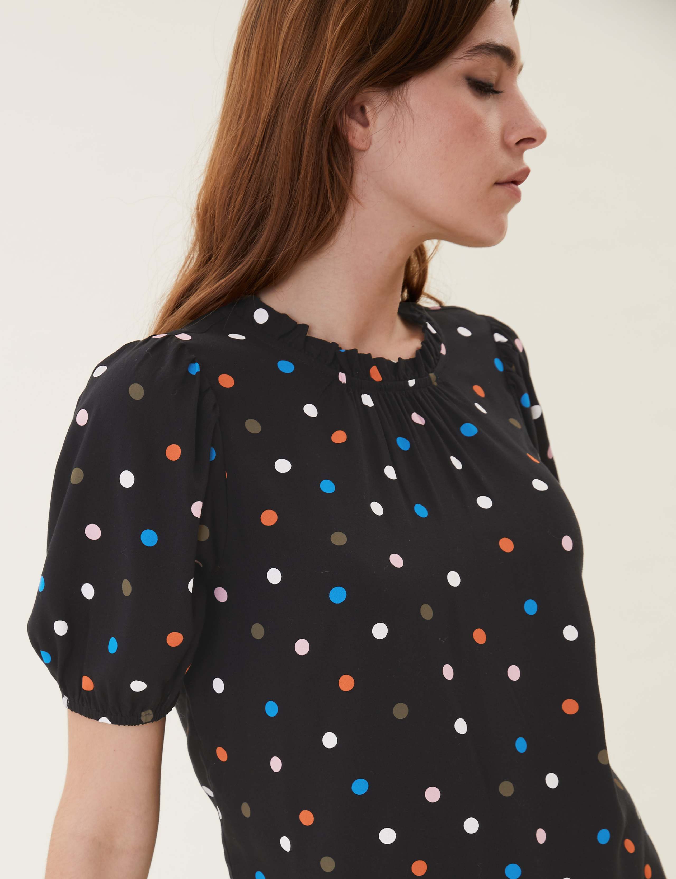 Printed Frill Neck Puff Sleeve Top 4 of 5