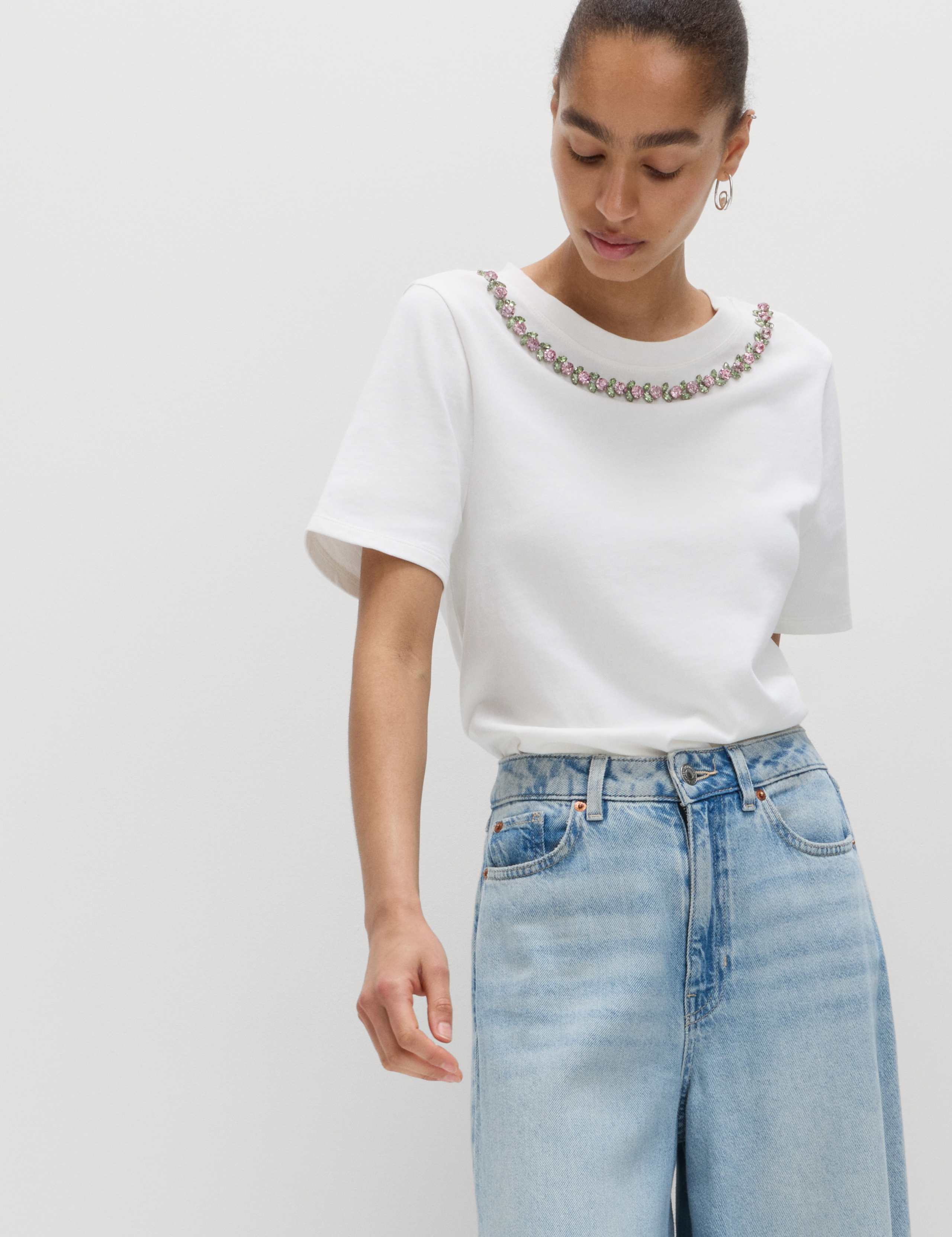 Pure Cotton Floral Embellished T-Shirt 1 of 5