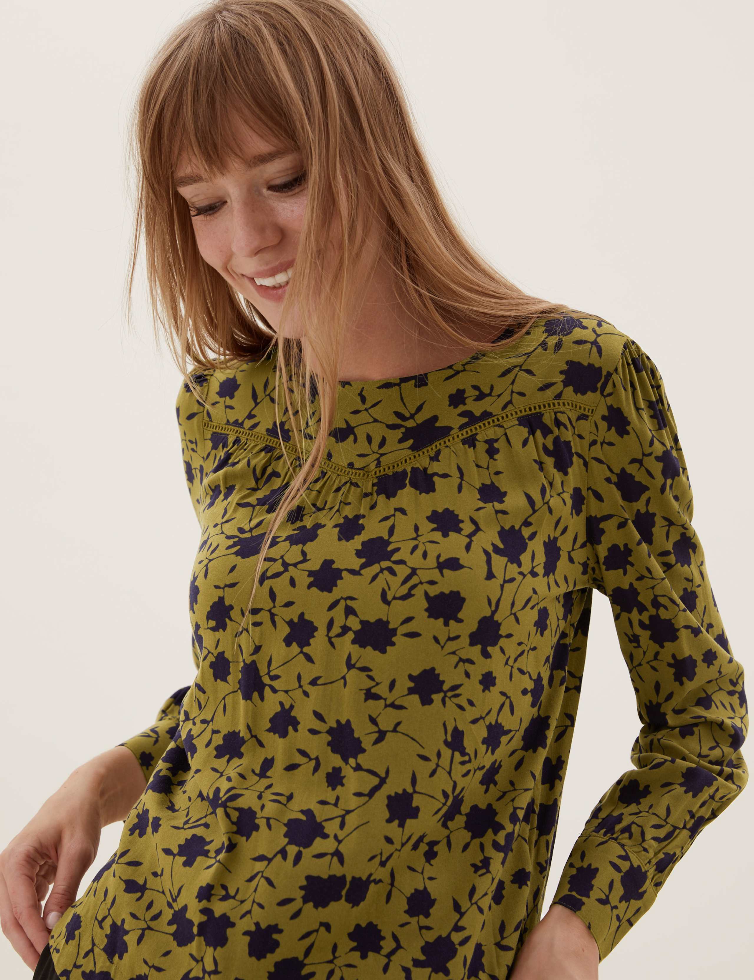 Floral Lace Insert Smocked Regular Fit Top 1 of 5