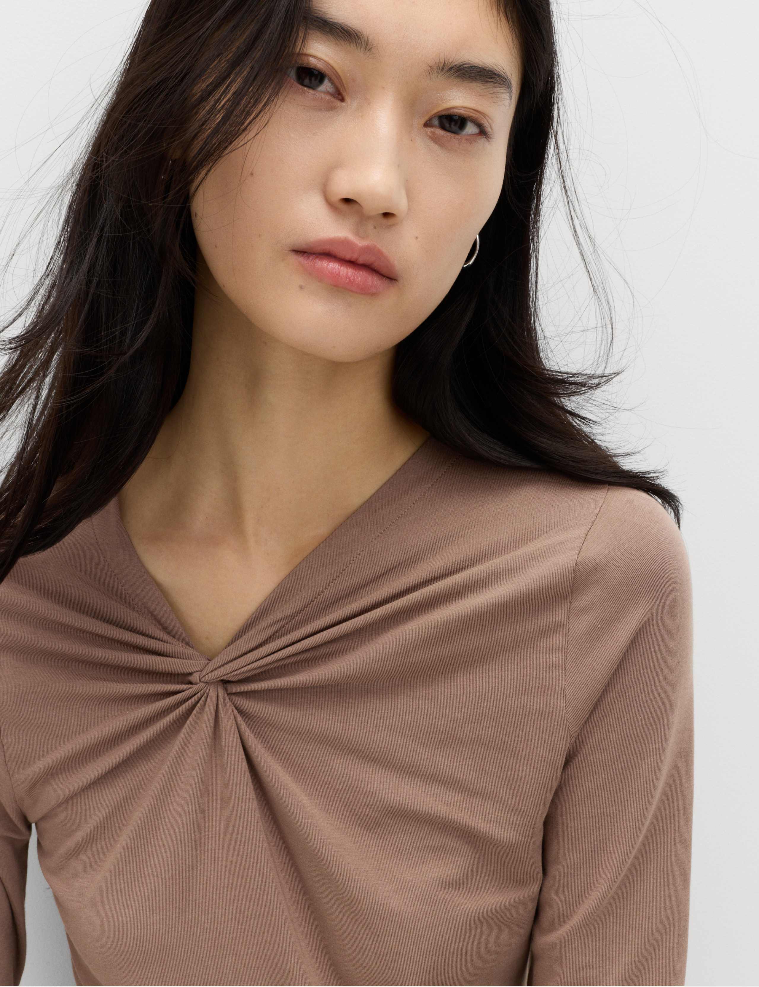 Cotton Blend Knotted Long Sleeve Top 1 of 4