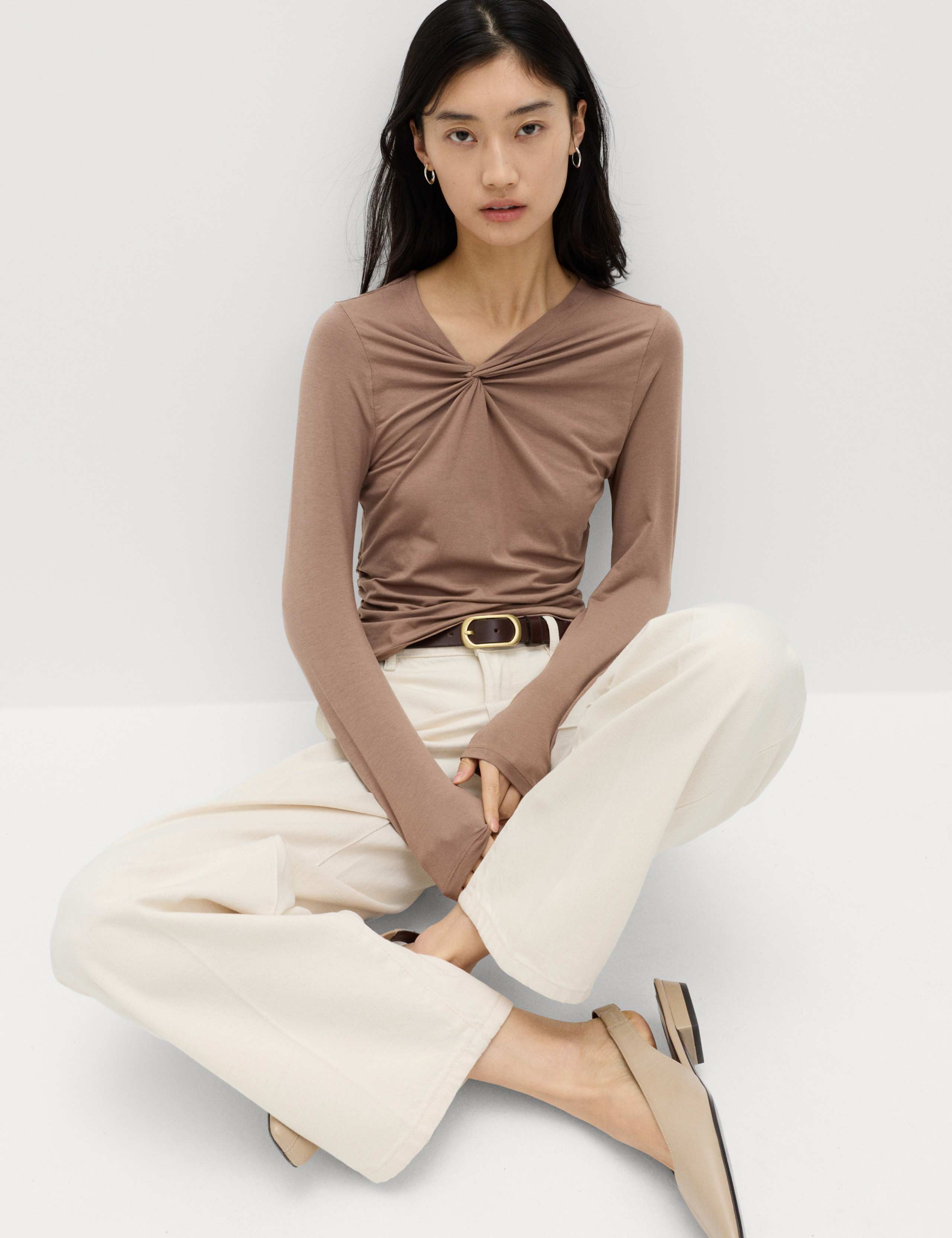 Cotton Blend Knotted Long Sleeve Top 3 of 4