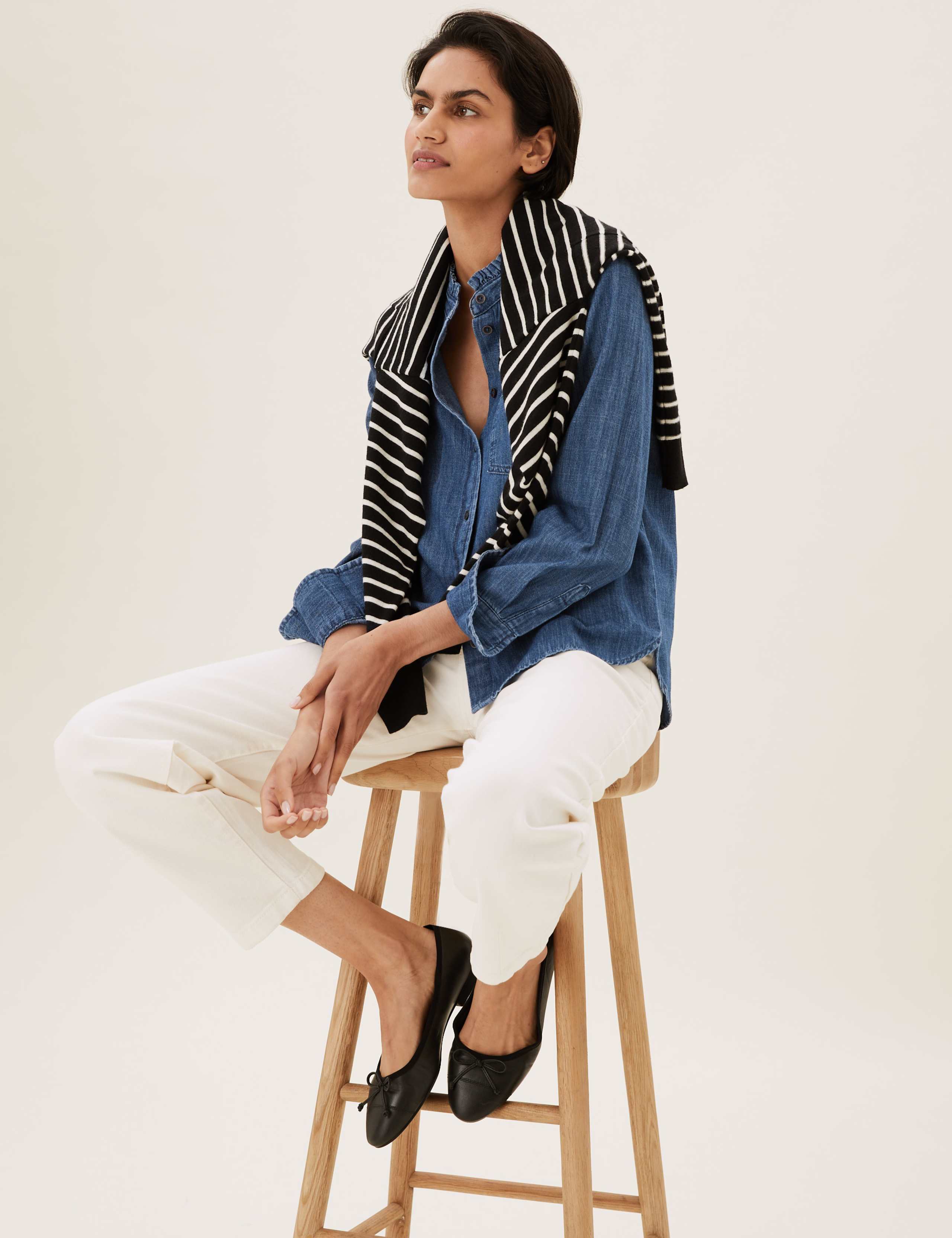 Denim Relaxed Frill Neck Top 1 of 5