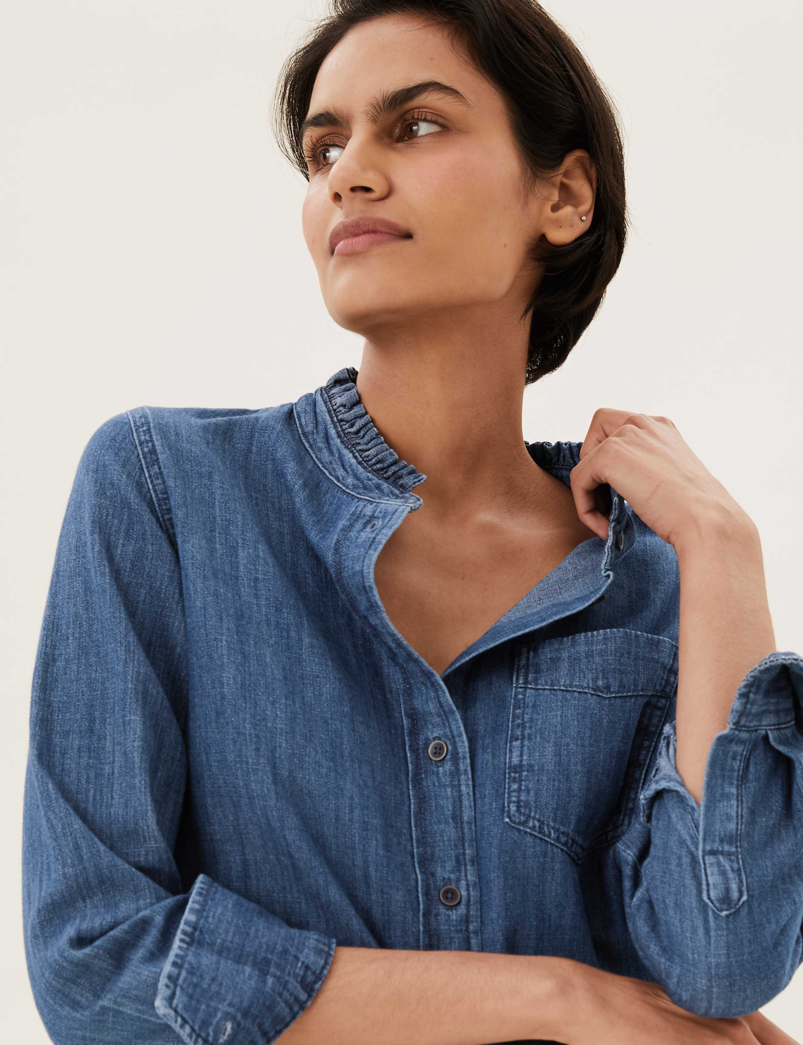 Denim Relaxed Frill Neck Top 4 of 5