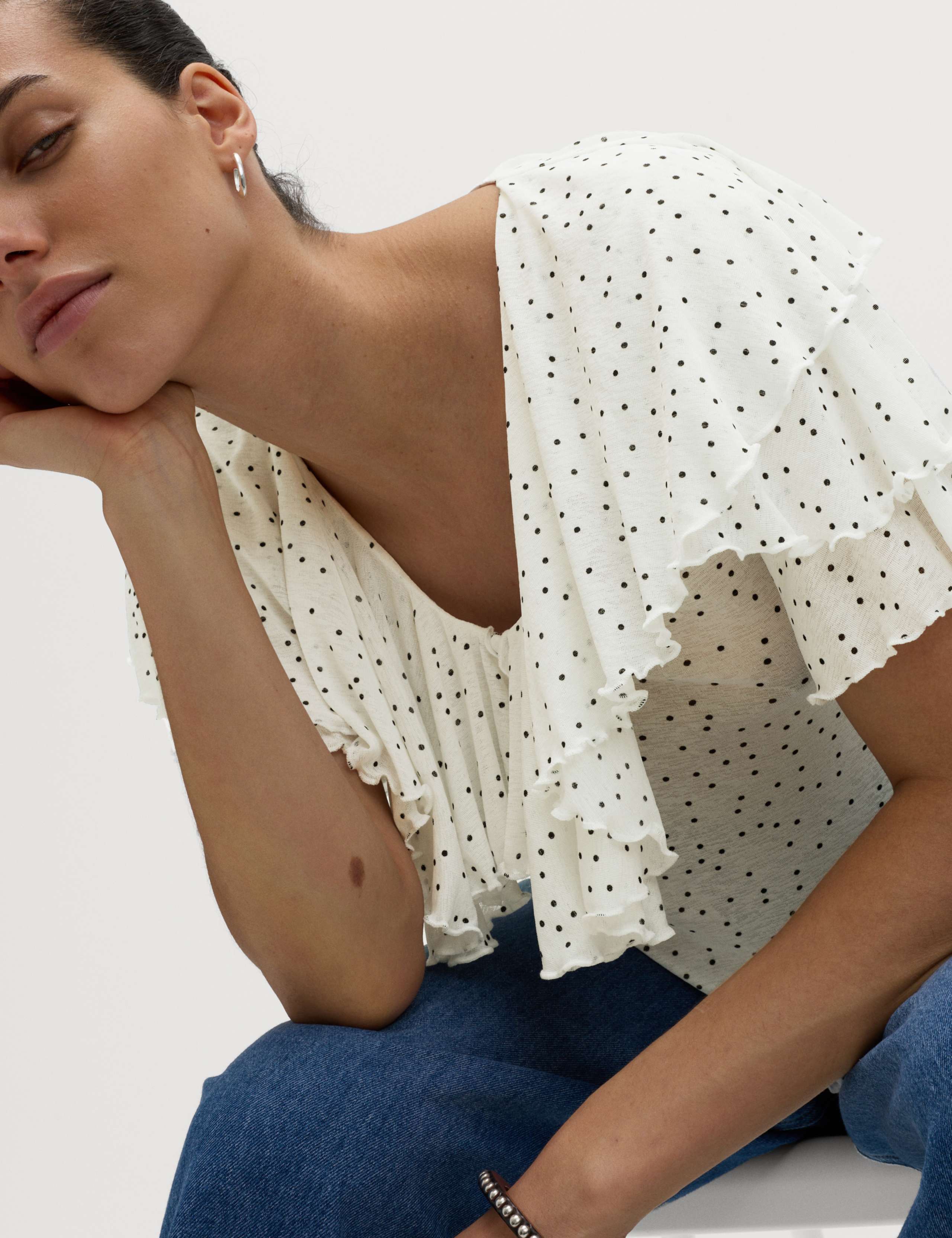 Polka Dot Ruffle V-Neck Top 1 of 6