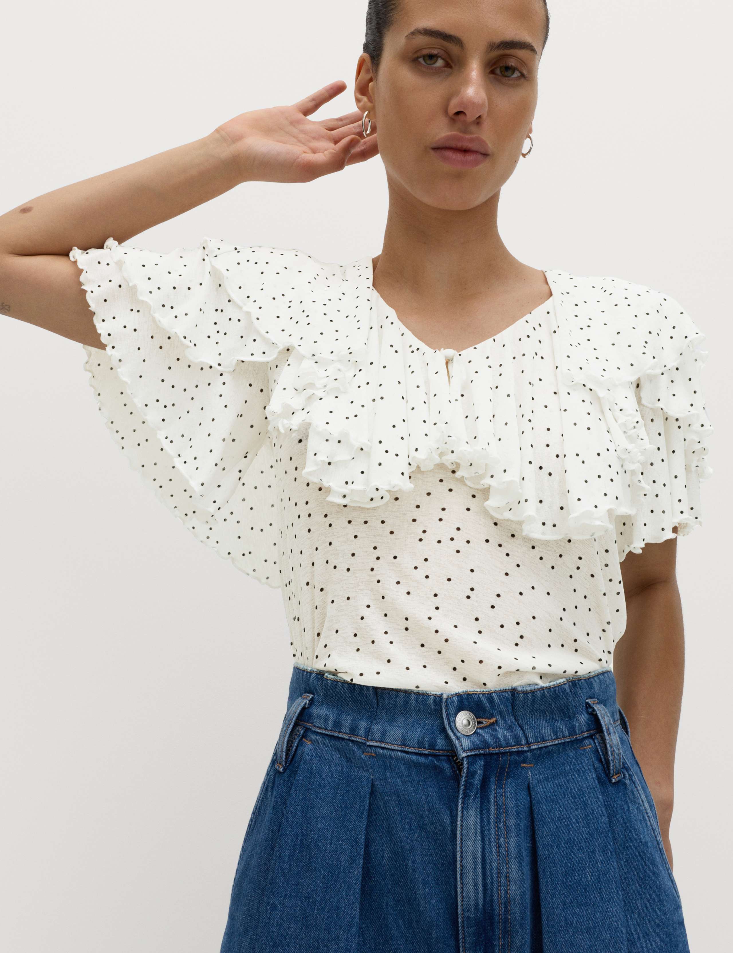 Polka Dot Ruffle V-Neck Top 3 of 6