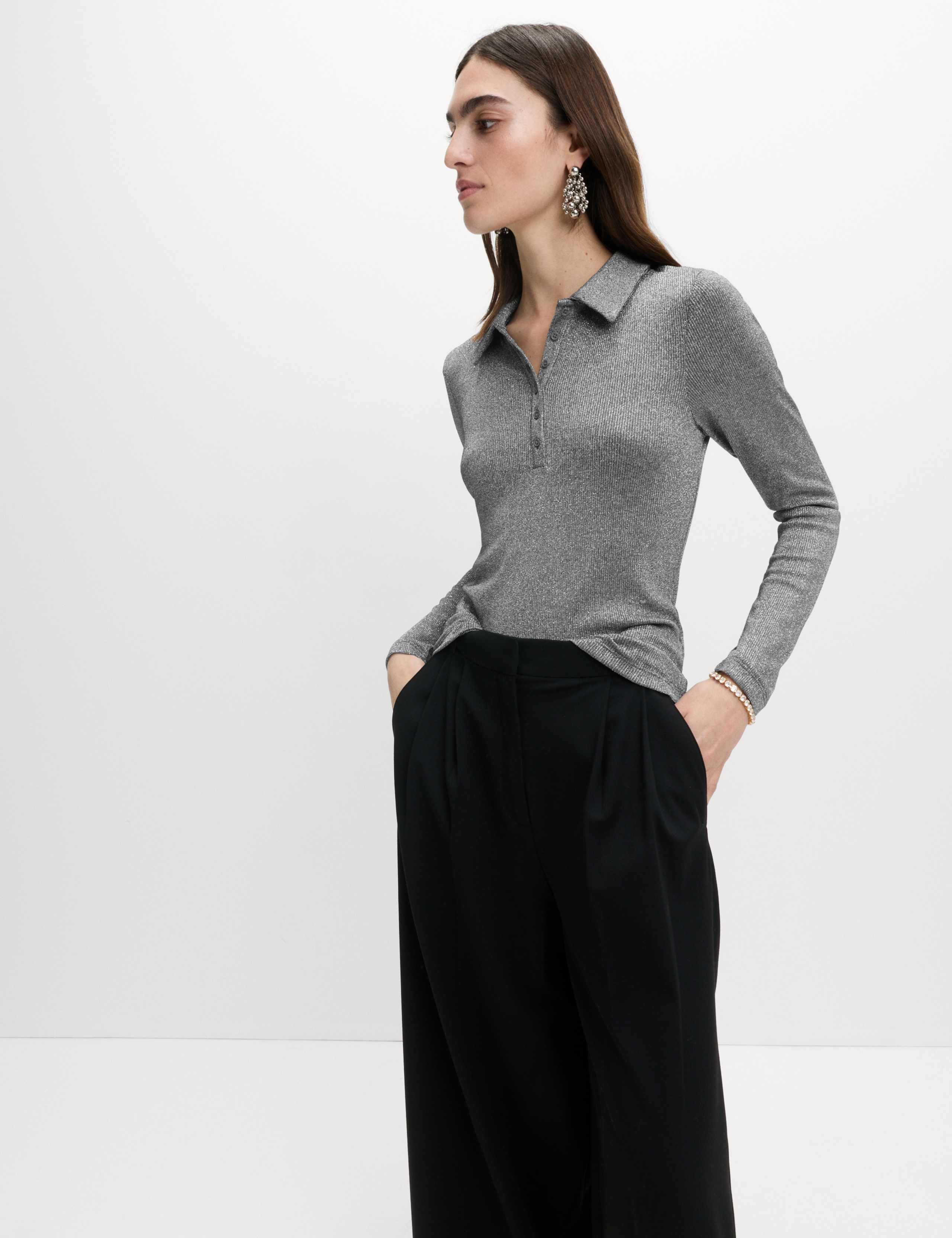 Sparkly Collared Button Detail Long Sleeve Top 1 of 6