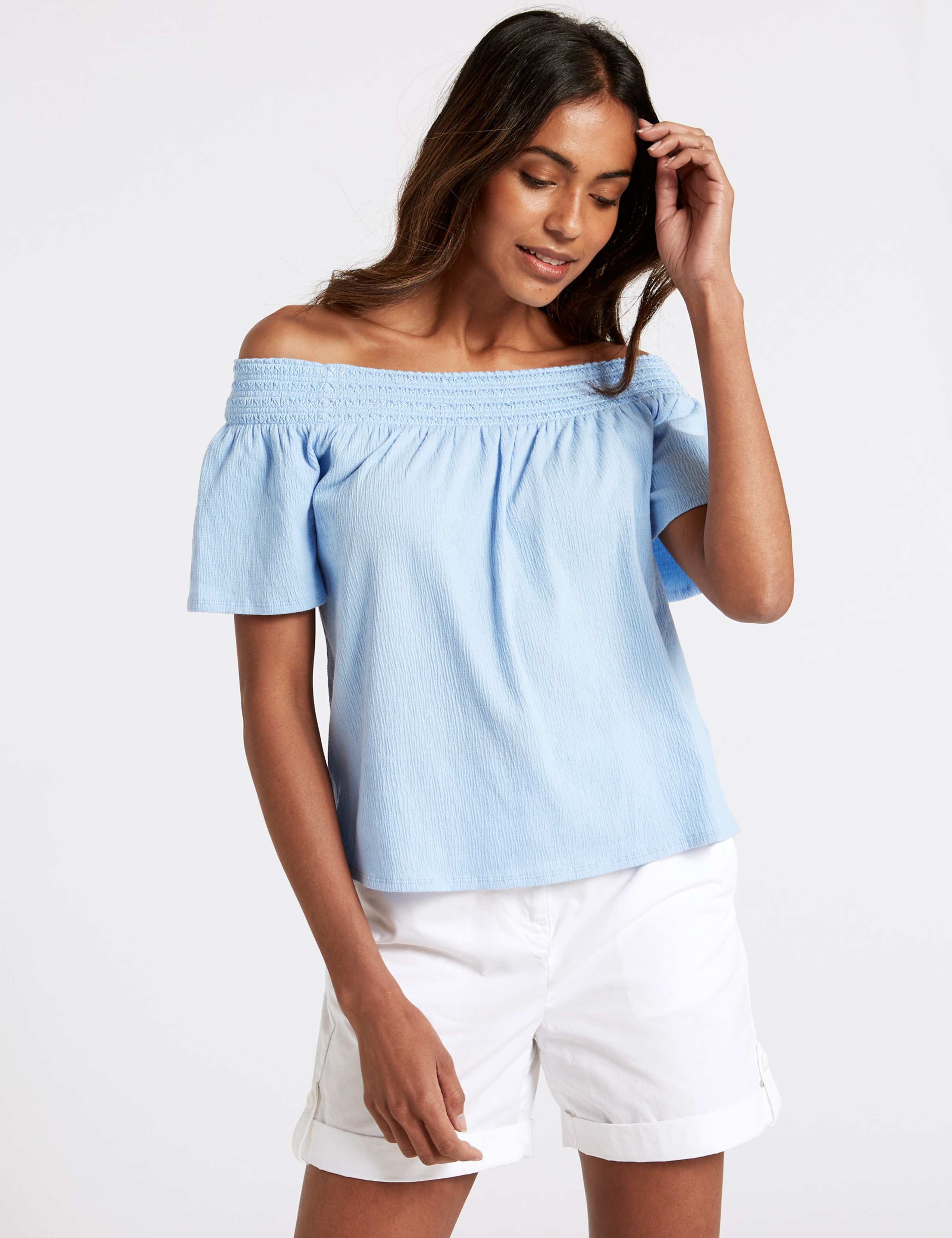 Cotton Rich Short Sleeve Bardot Top 1 of 4
