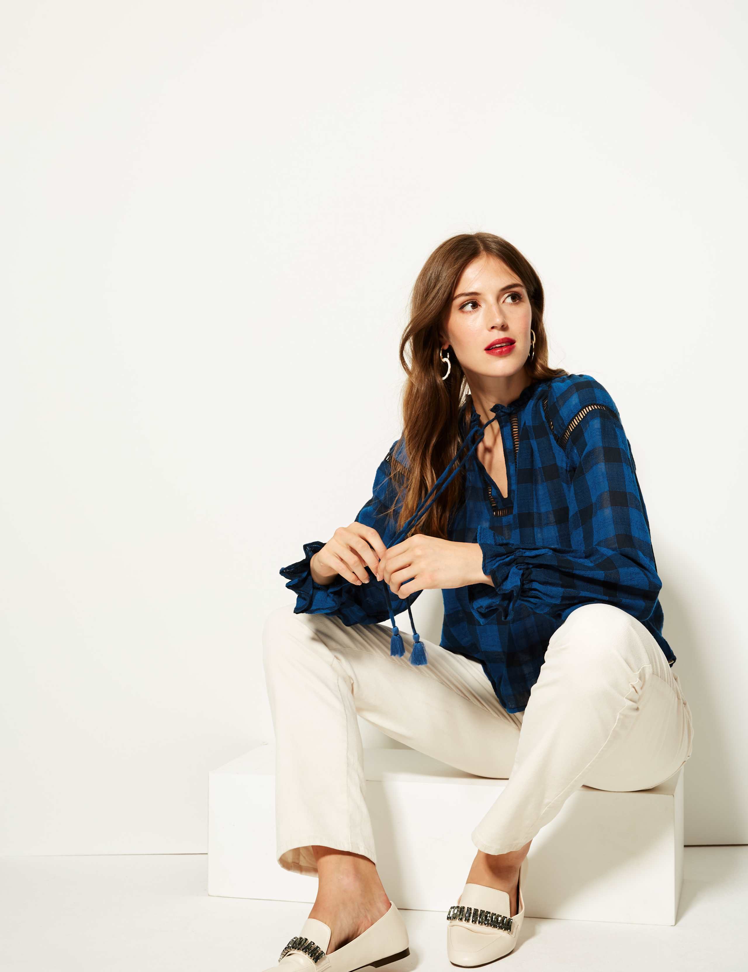 Pure Cotton Checked Long Sleeve Blouse 1 of 4