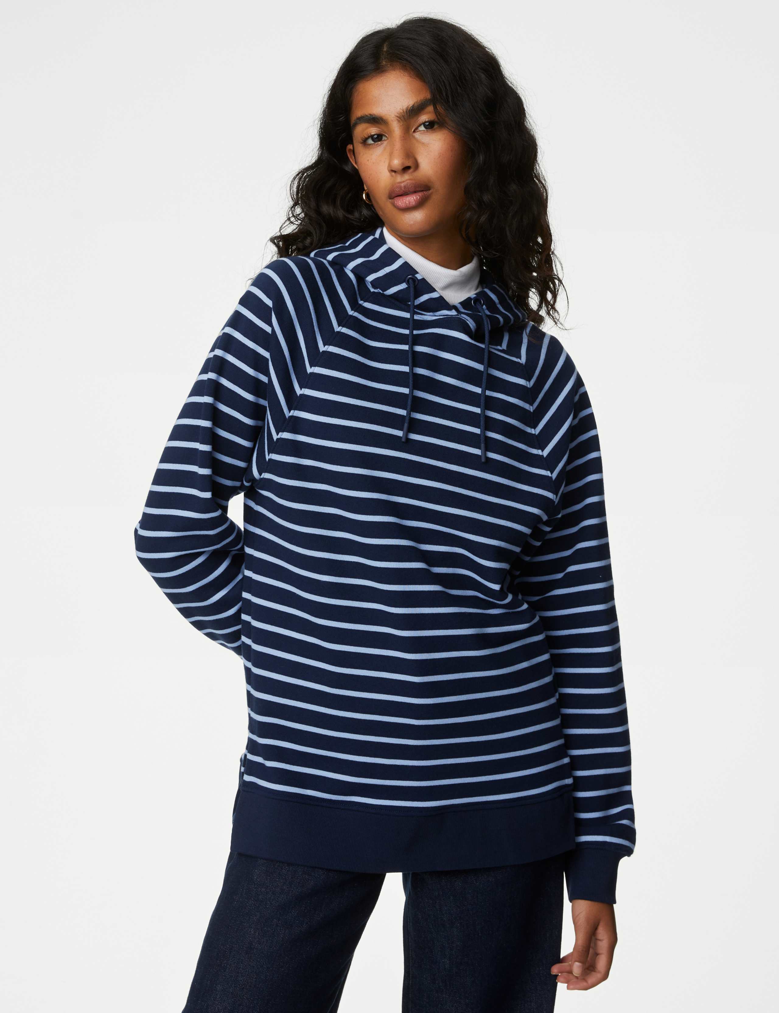 Pure Cotton Striped Longline Hoodie 1 of 5