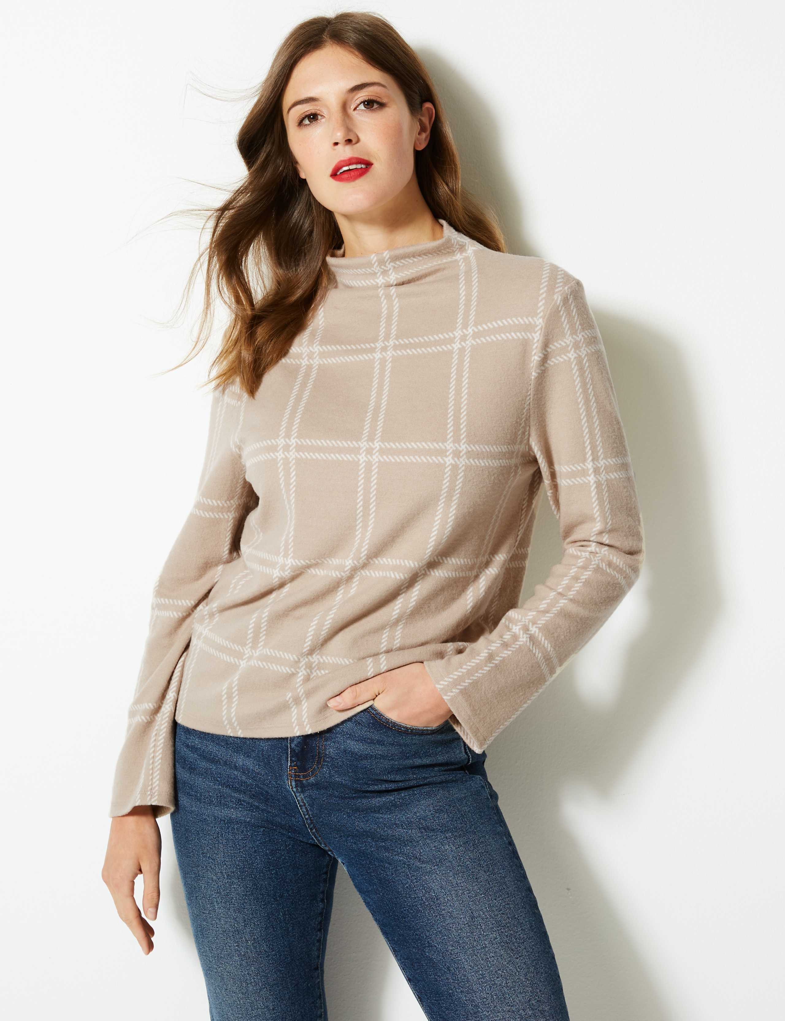 Checked High Neck Long Sleeve Sweatshirt 1 of 4