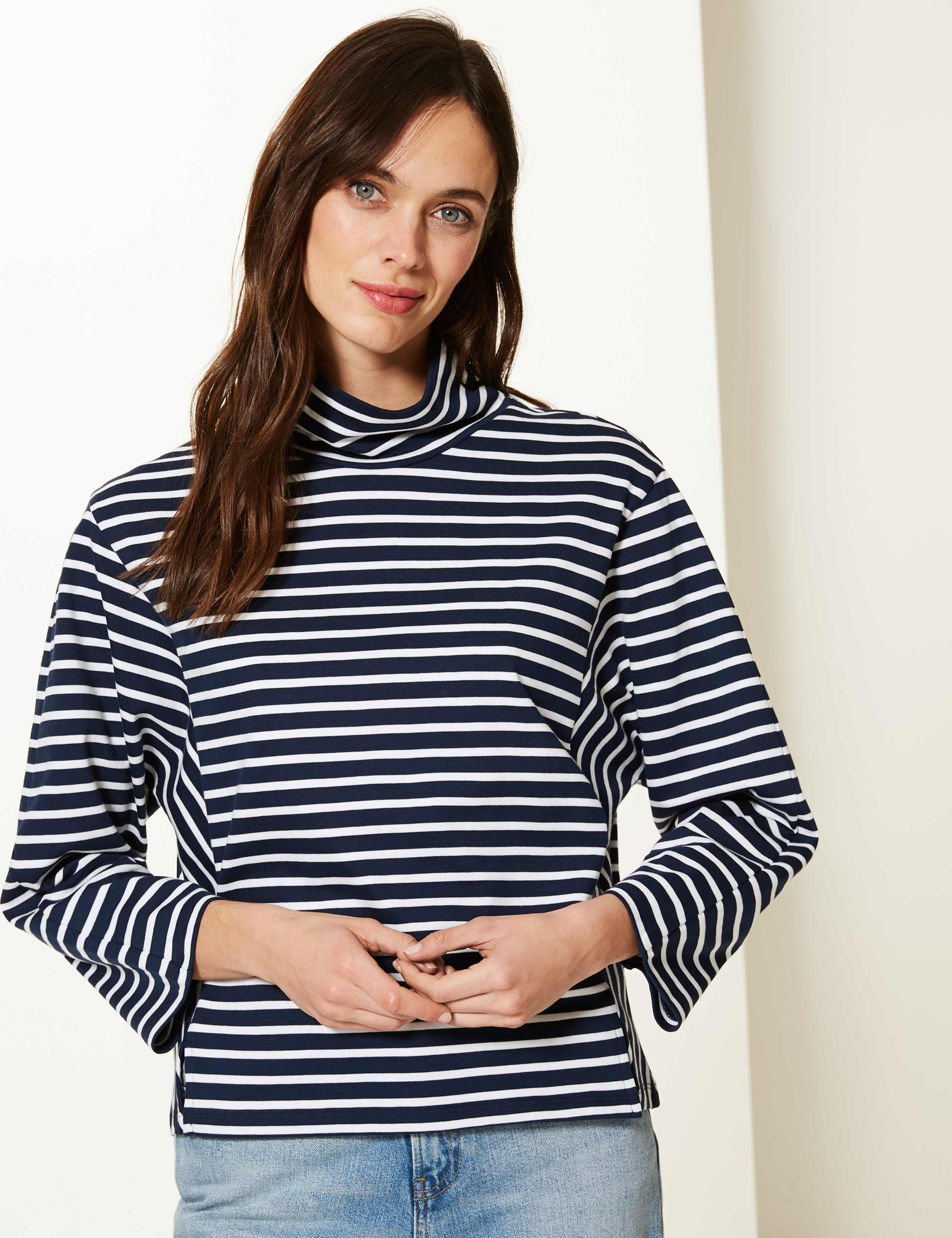 Pure Cotton Striped Turtle Neck Jumper 1 of 3