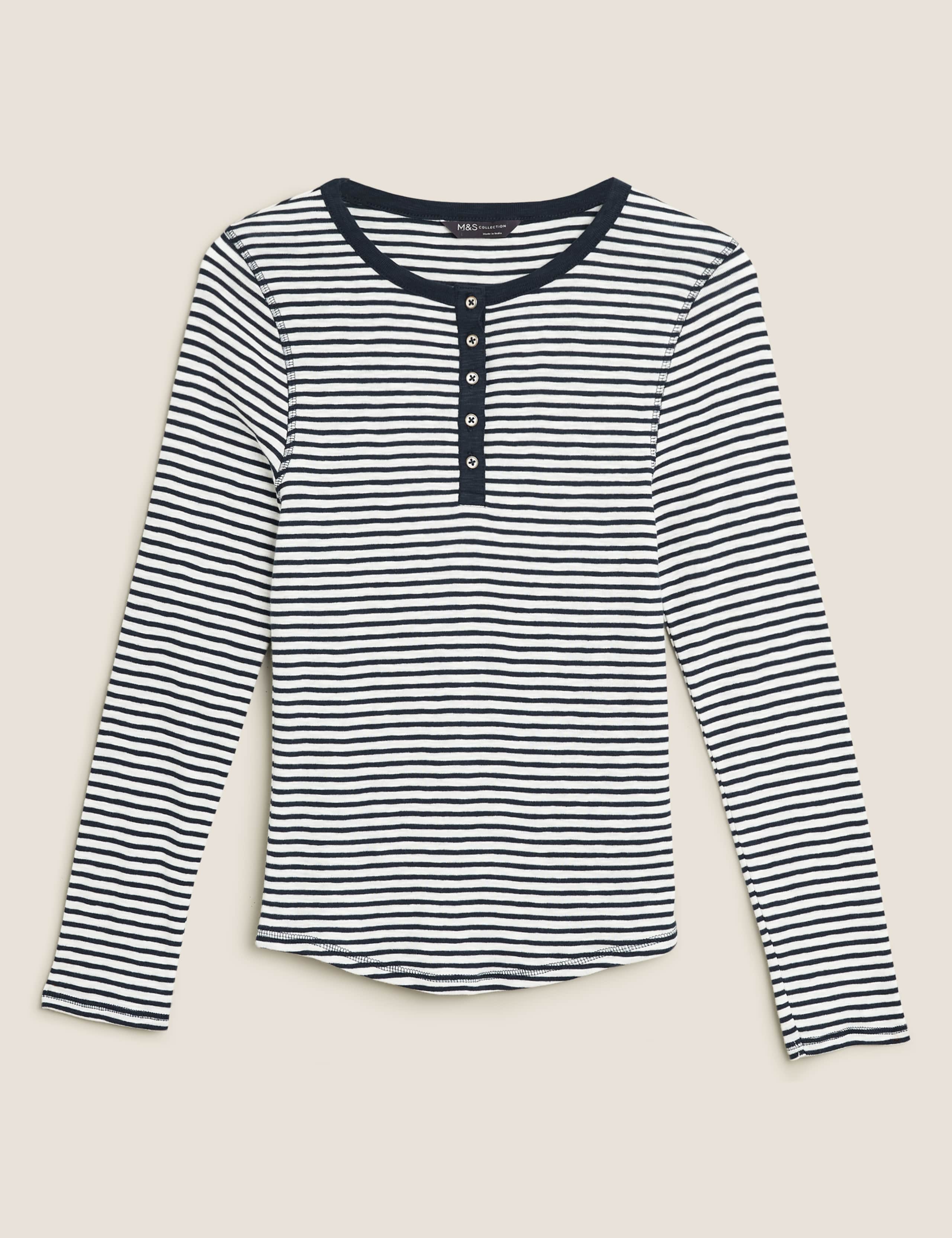 Pure Cotton Striped Crew Neck Henley Top 2 of 5