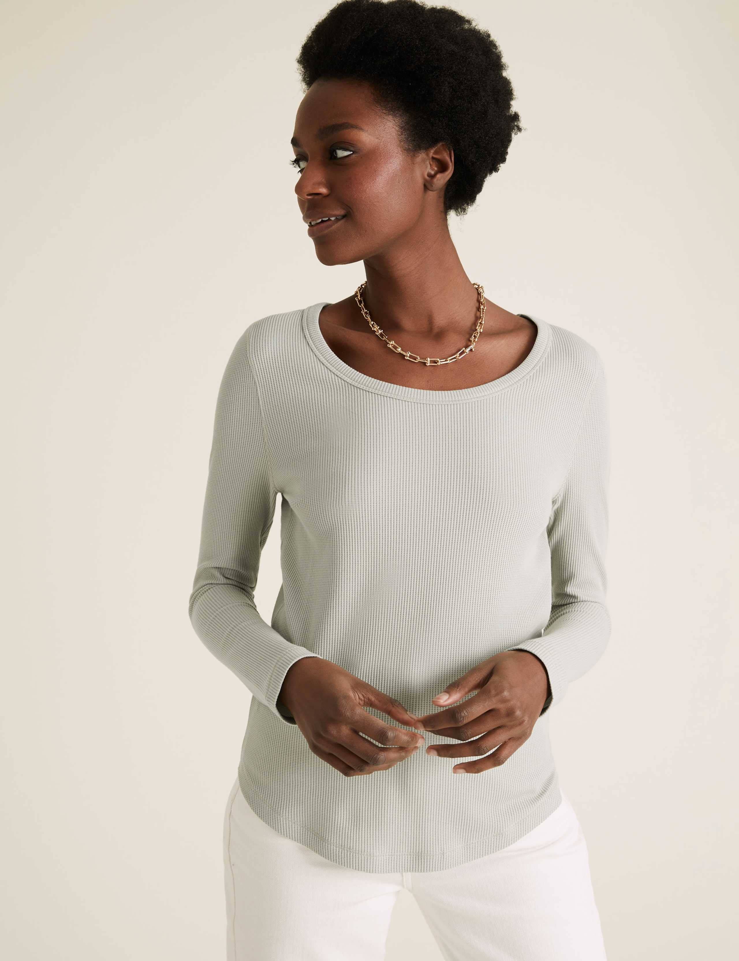 Cotton Textured Scoop Neck Long Sleeve Top 1 of 4
