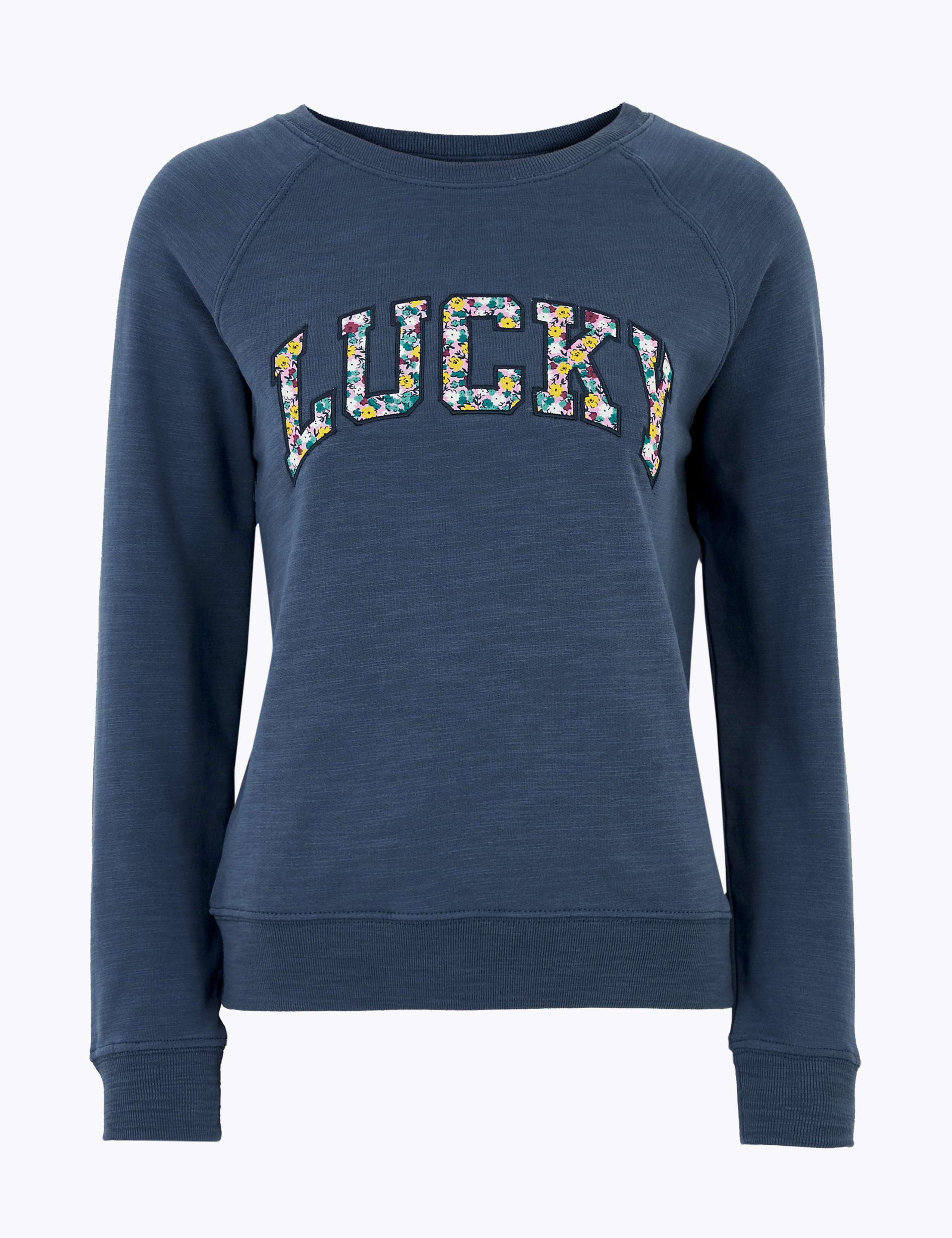 Pure Cotton Lucky Slogan Relaxed Sweatshirt 2 of 5