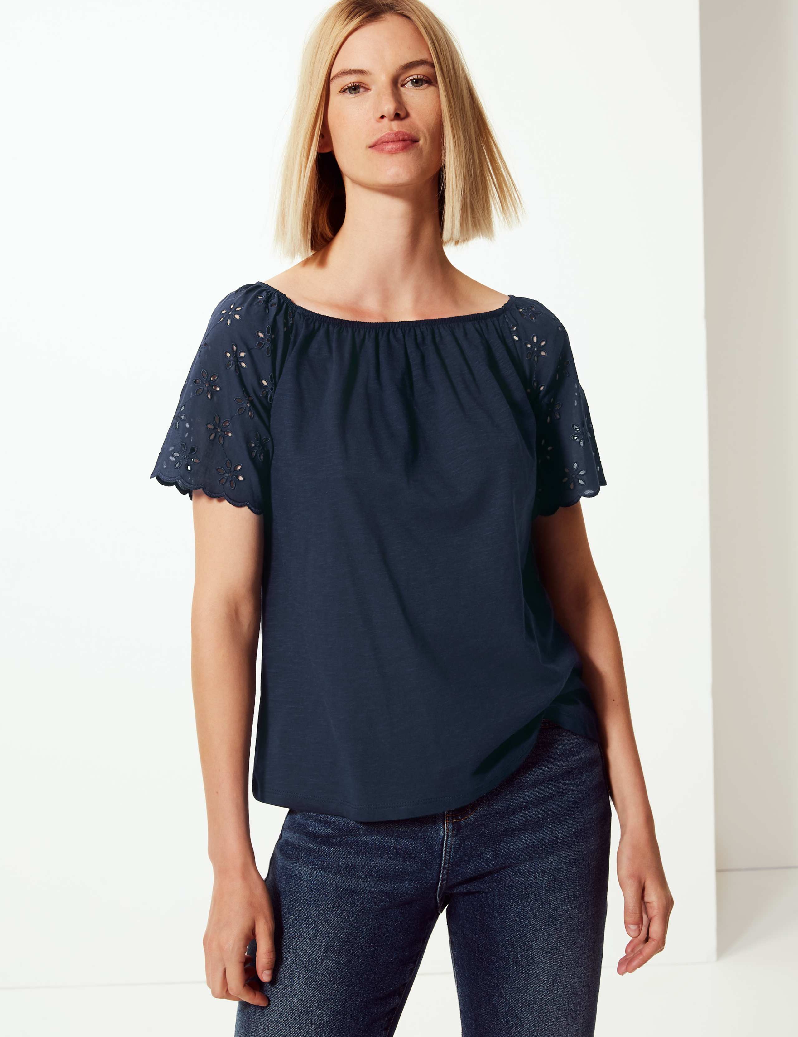Pure Cotton Embroidered Regular Bardot Top 1 of 4