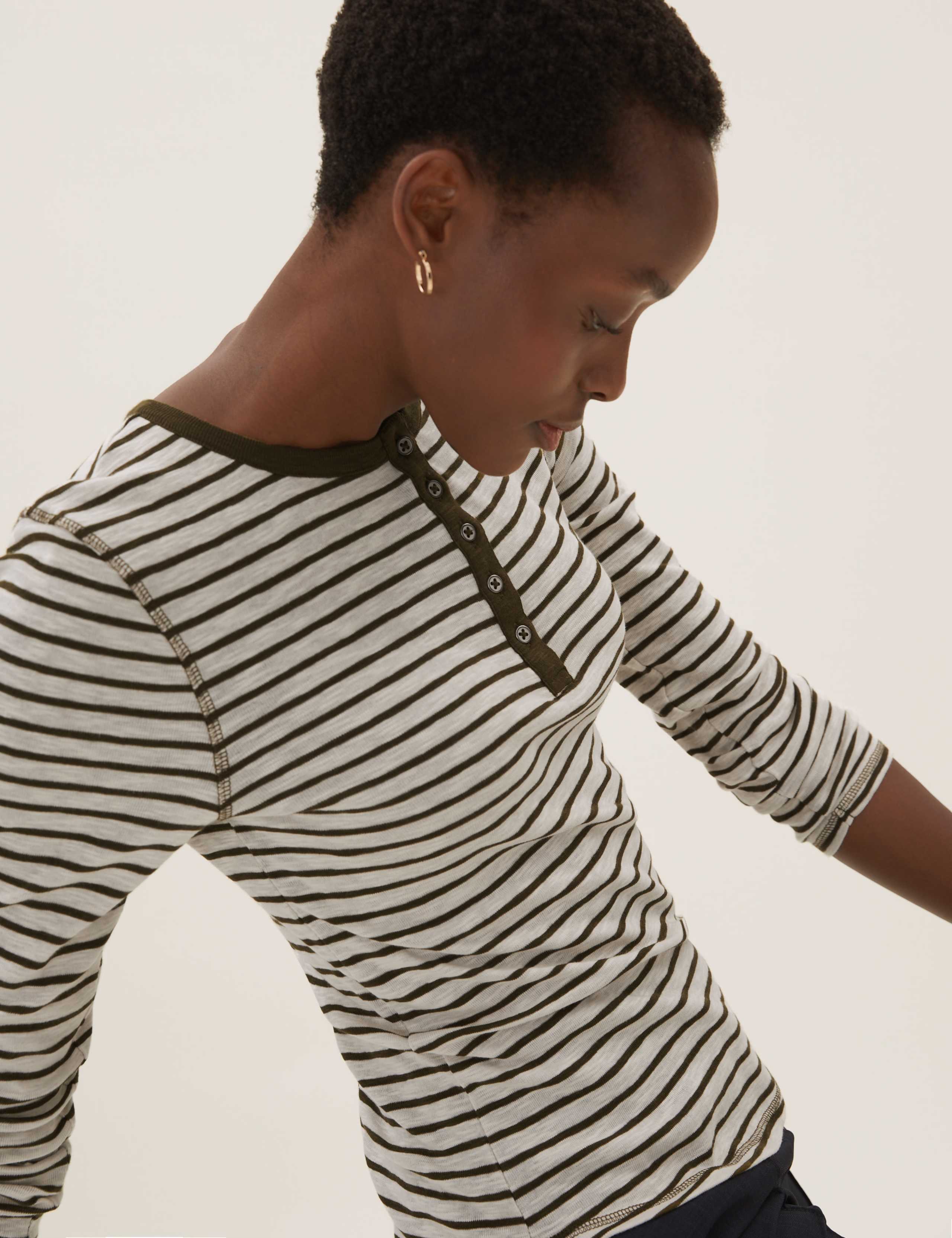 Pure Cotton Striped Long Sleeve Henley Top 1 of 4