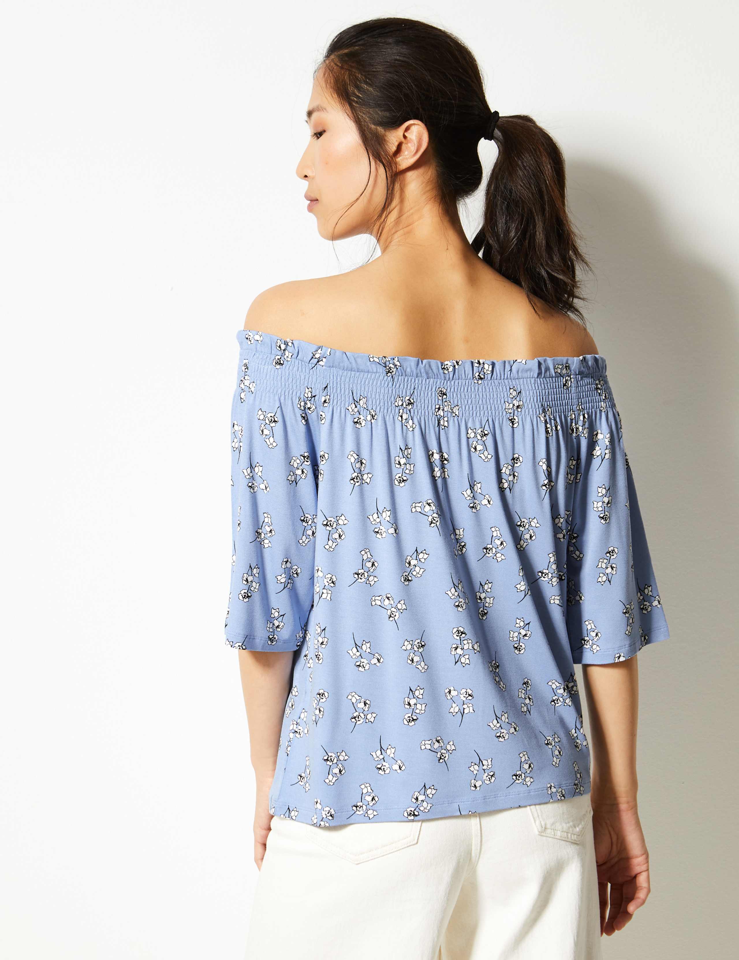 Floral Print Regular Fit Bardot Top 4 of 4