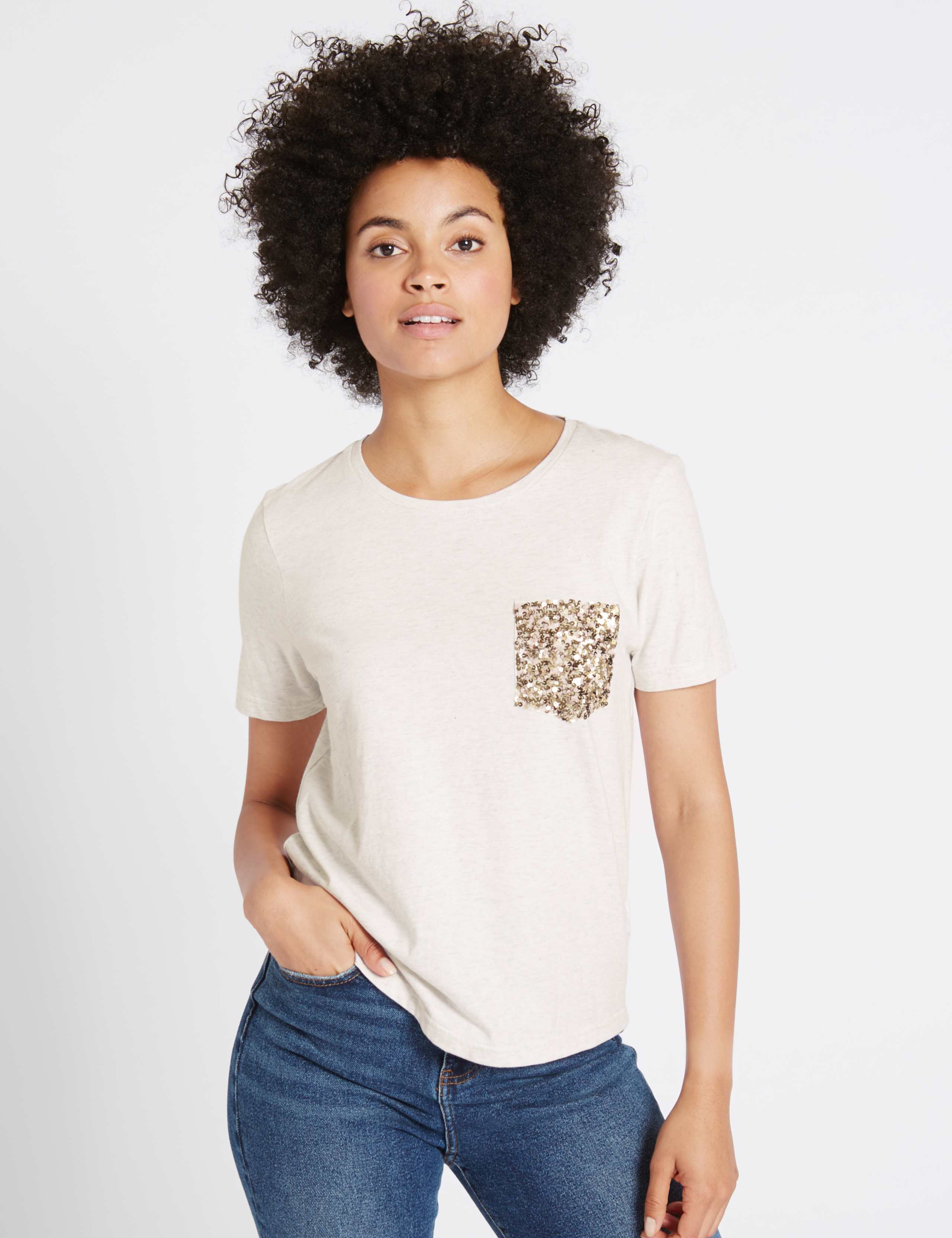 Pure Cotton Sequin Pocket T-Shirt 1 of 4