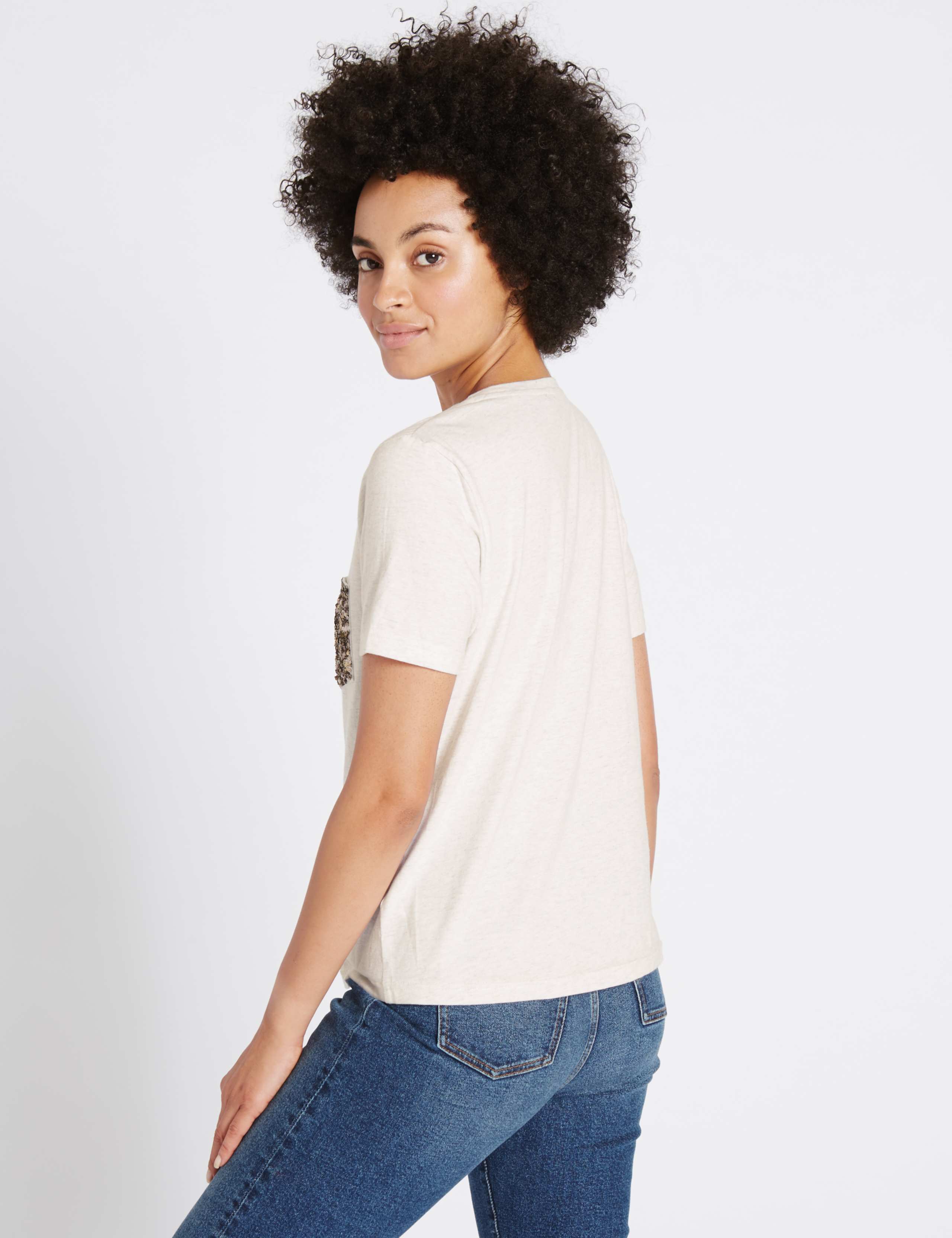 Pure Cotton Sequin Pocket T-Shirt 3 of 4