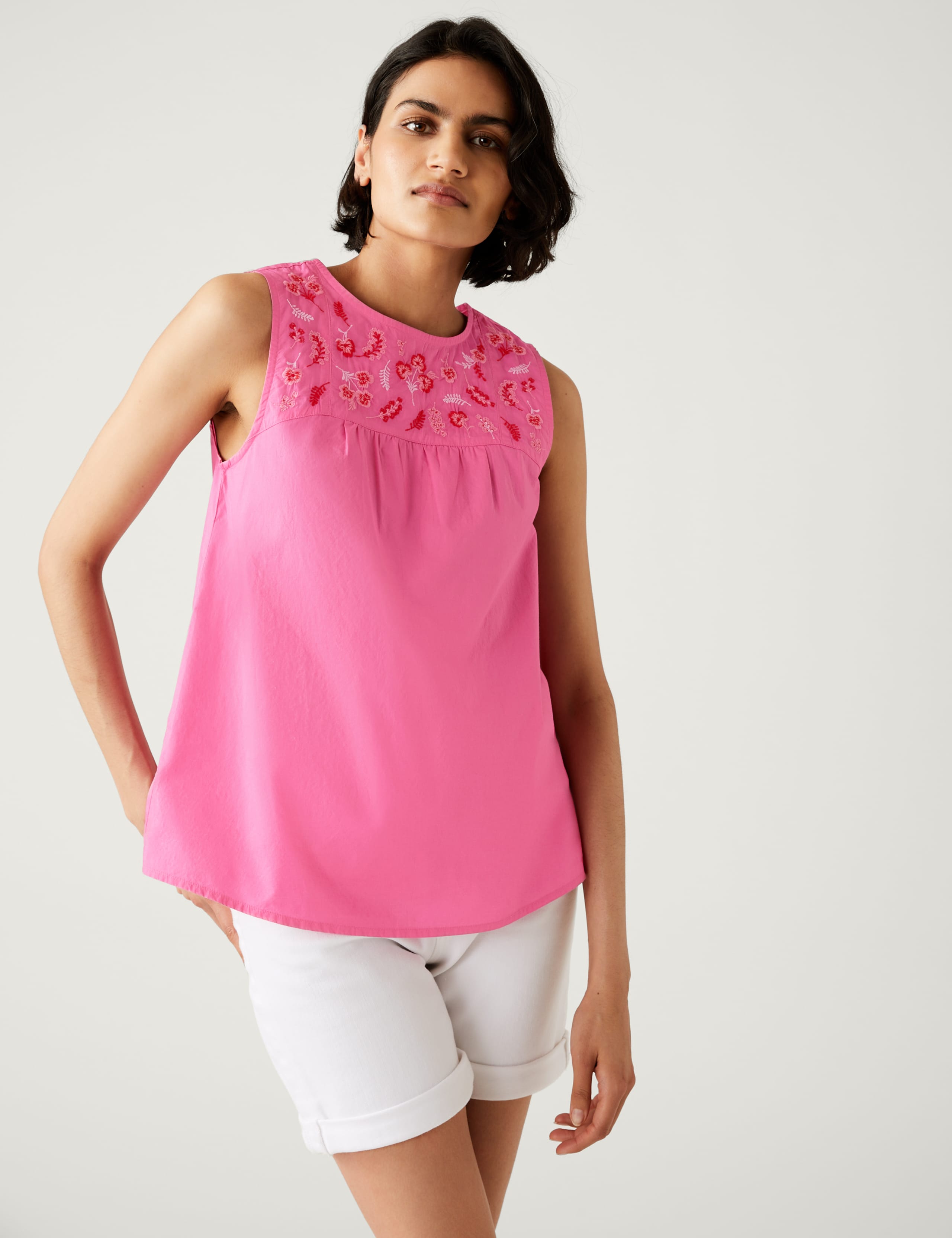 Pure Cotton Floral Embroidered Vest Top 3 of 5