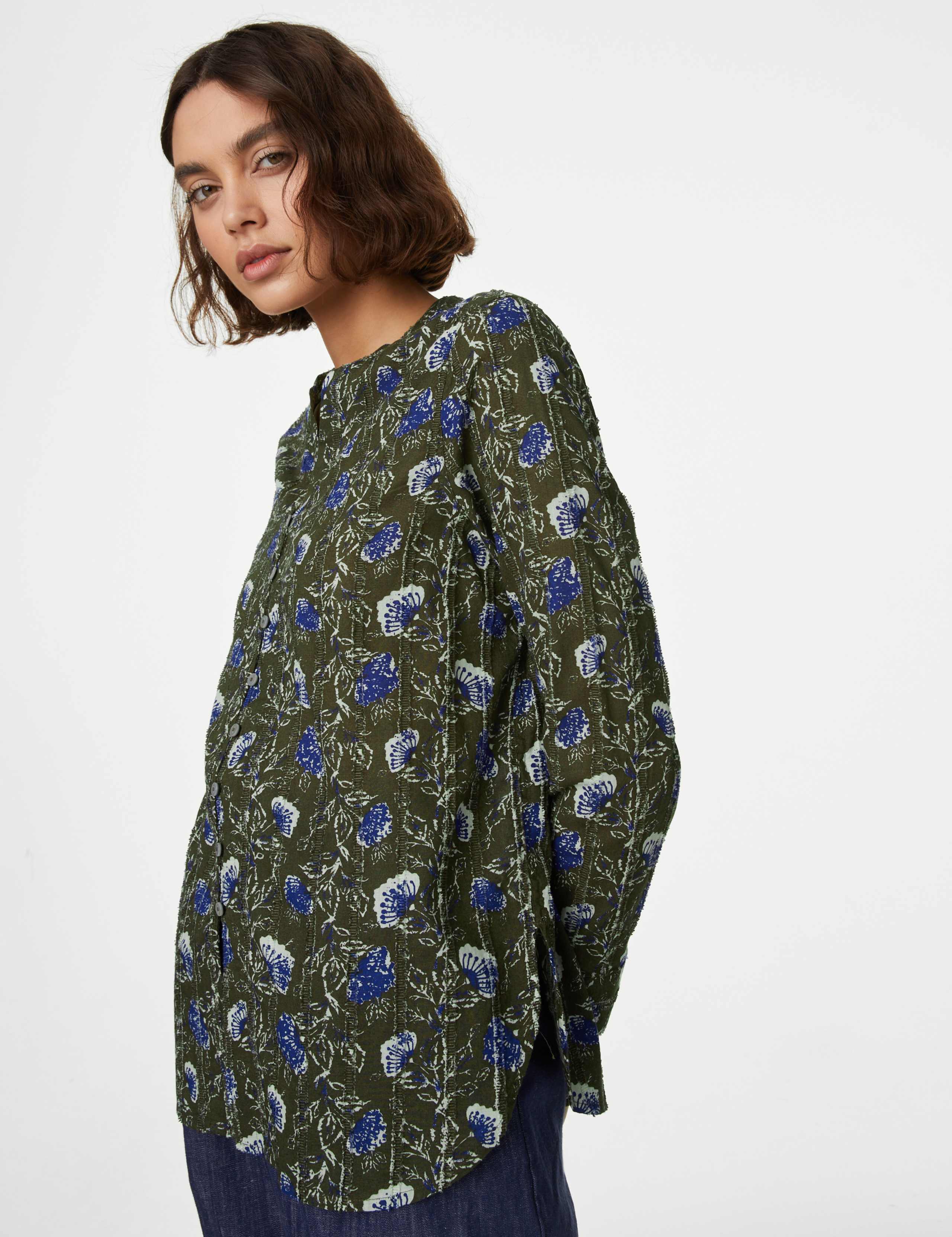 Pure Cotton Printed Textured V-Neck Shirt 4 of 5