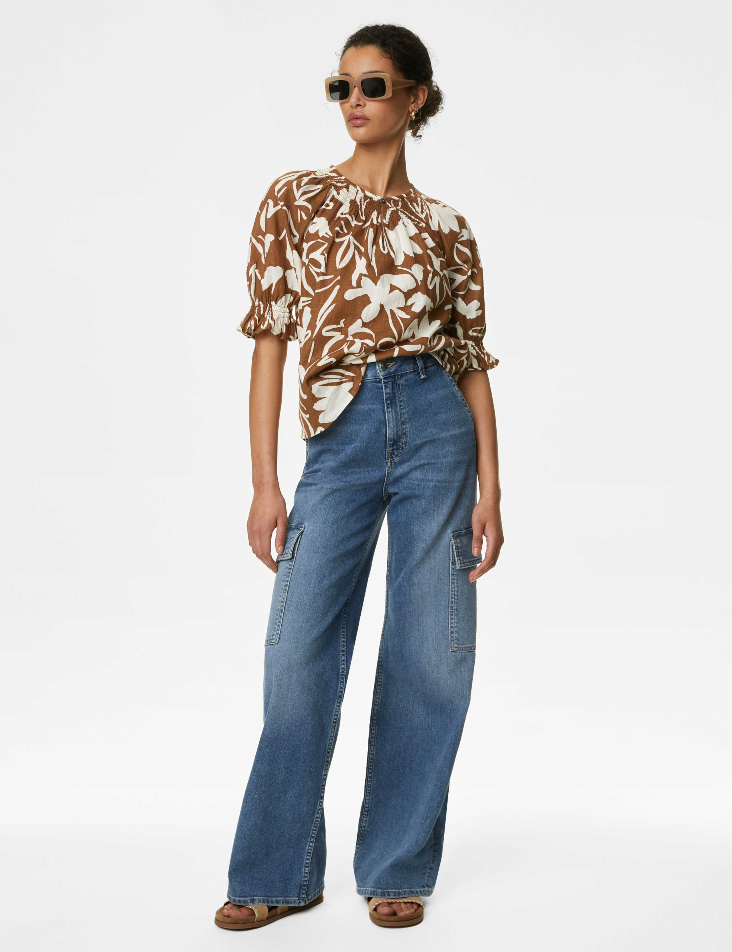 Pure Cotton Printed Shirred Detail Blouse 1 of 5