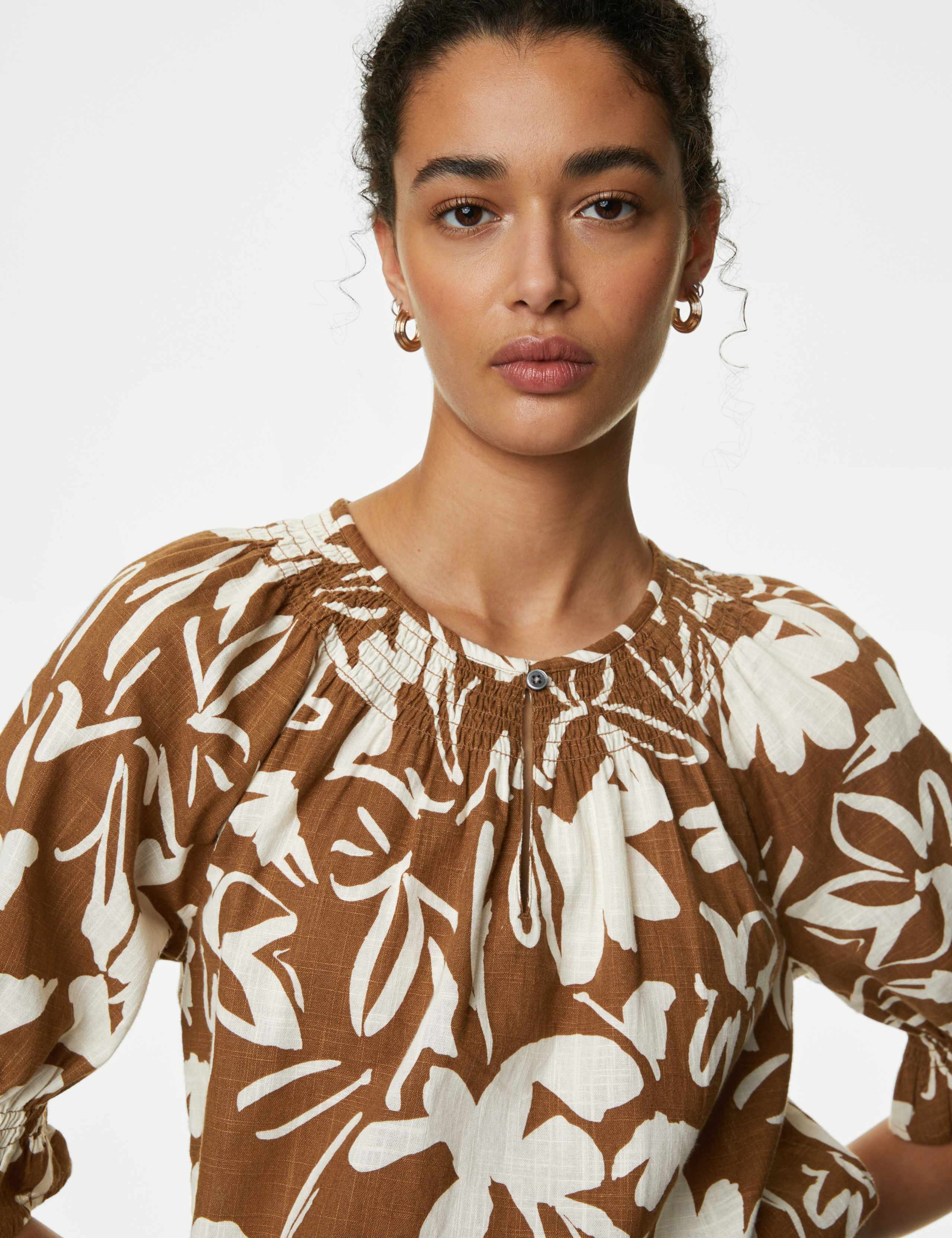 Pure Cotton Printed Shirred Detail Blouse 3 of 5