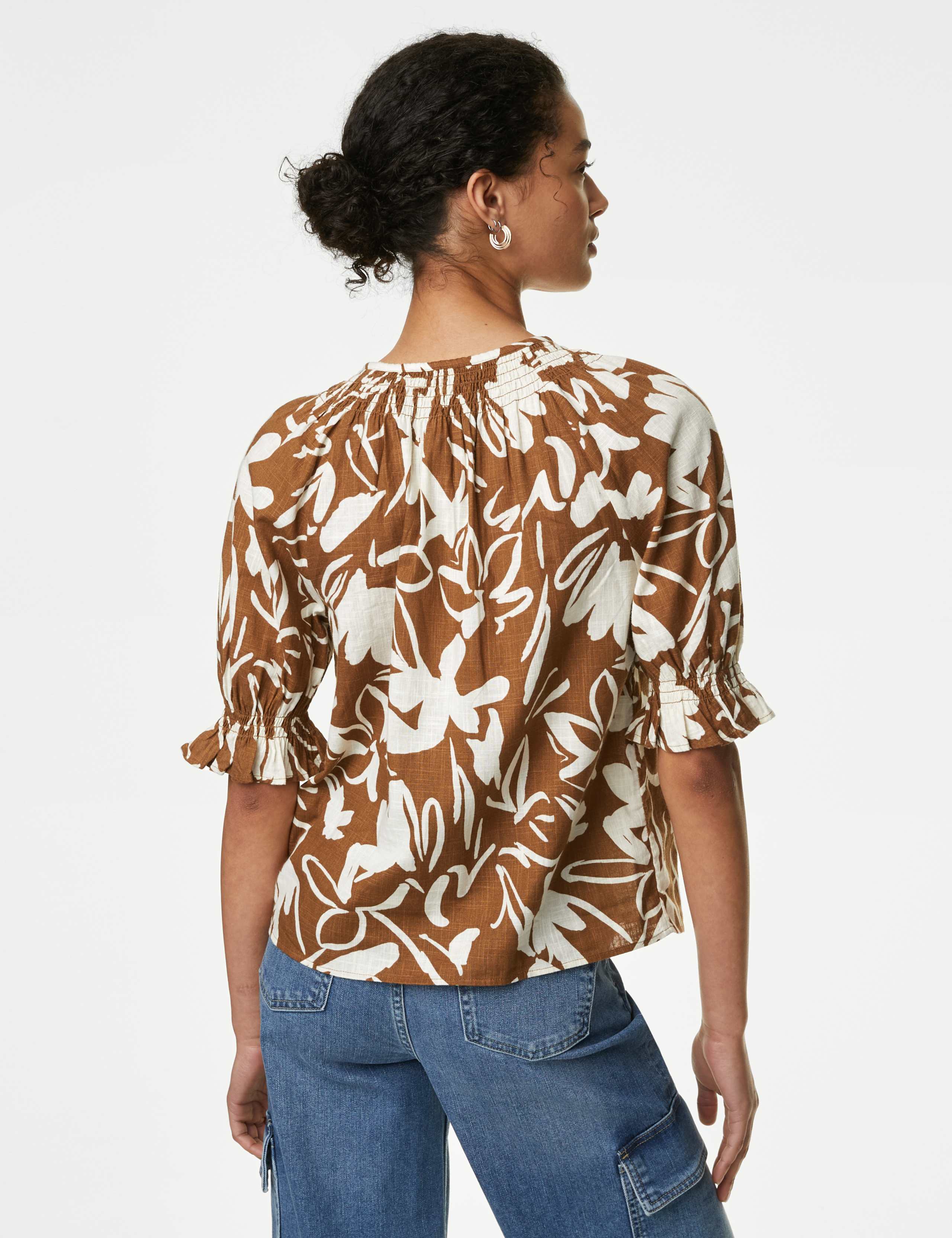 Pure Cotton Printed Shirred Detail Blouse 5 of 5