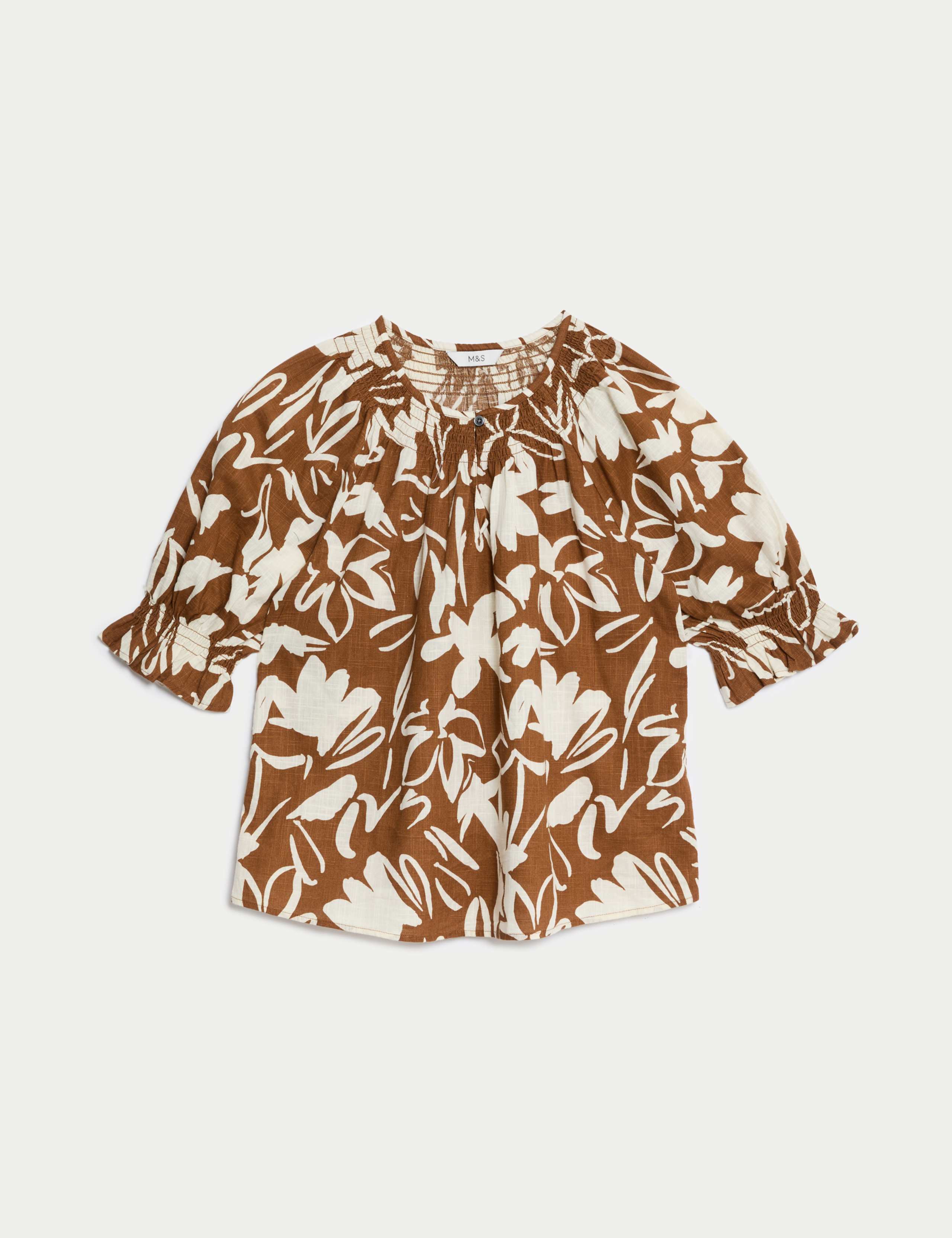 Pure Cotton Printed Shirred Detail Blouse 2 of 5