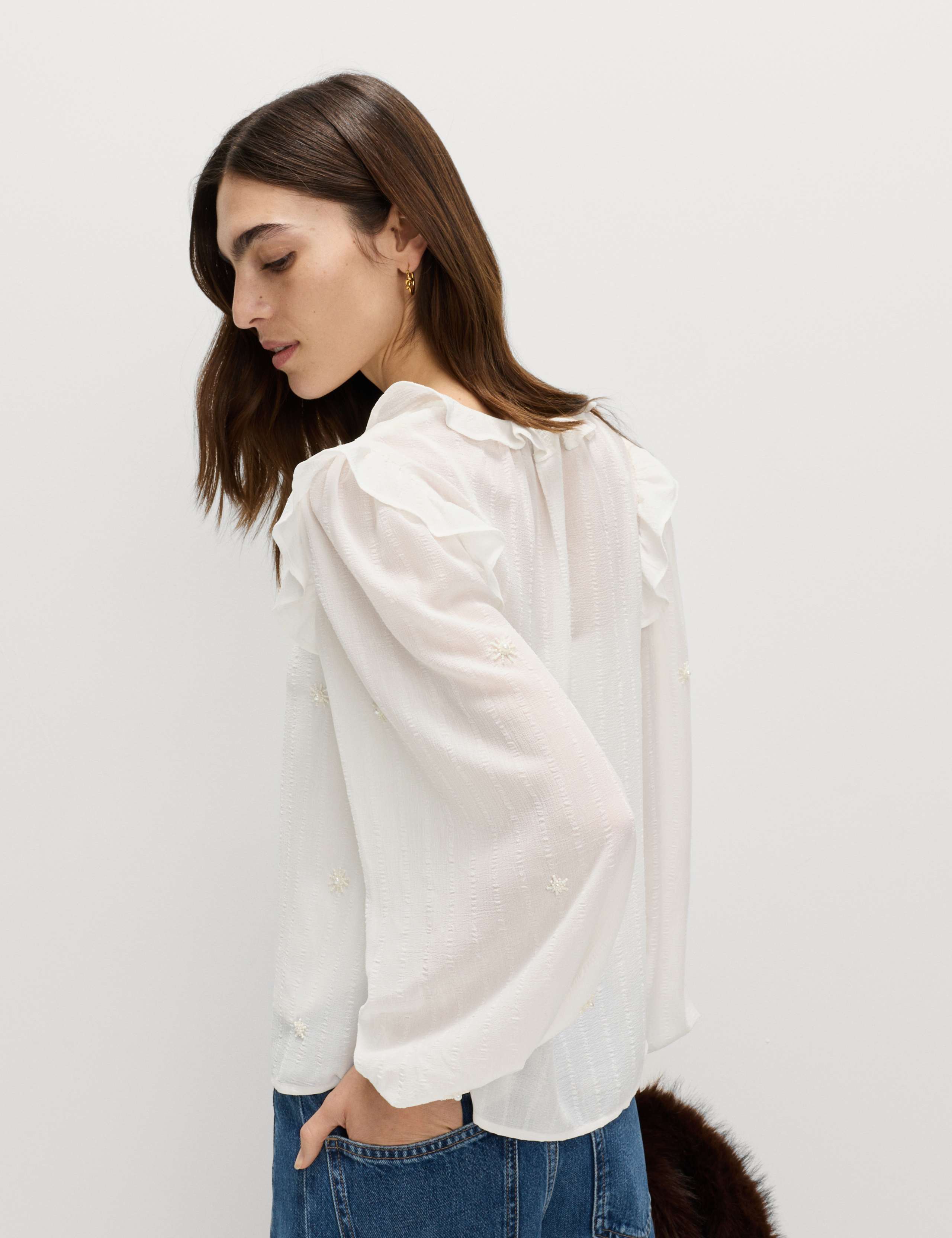 Embellished V-Neck Ruffle Long Sleeve Blouse 5 of 5