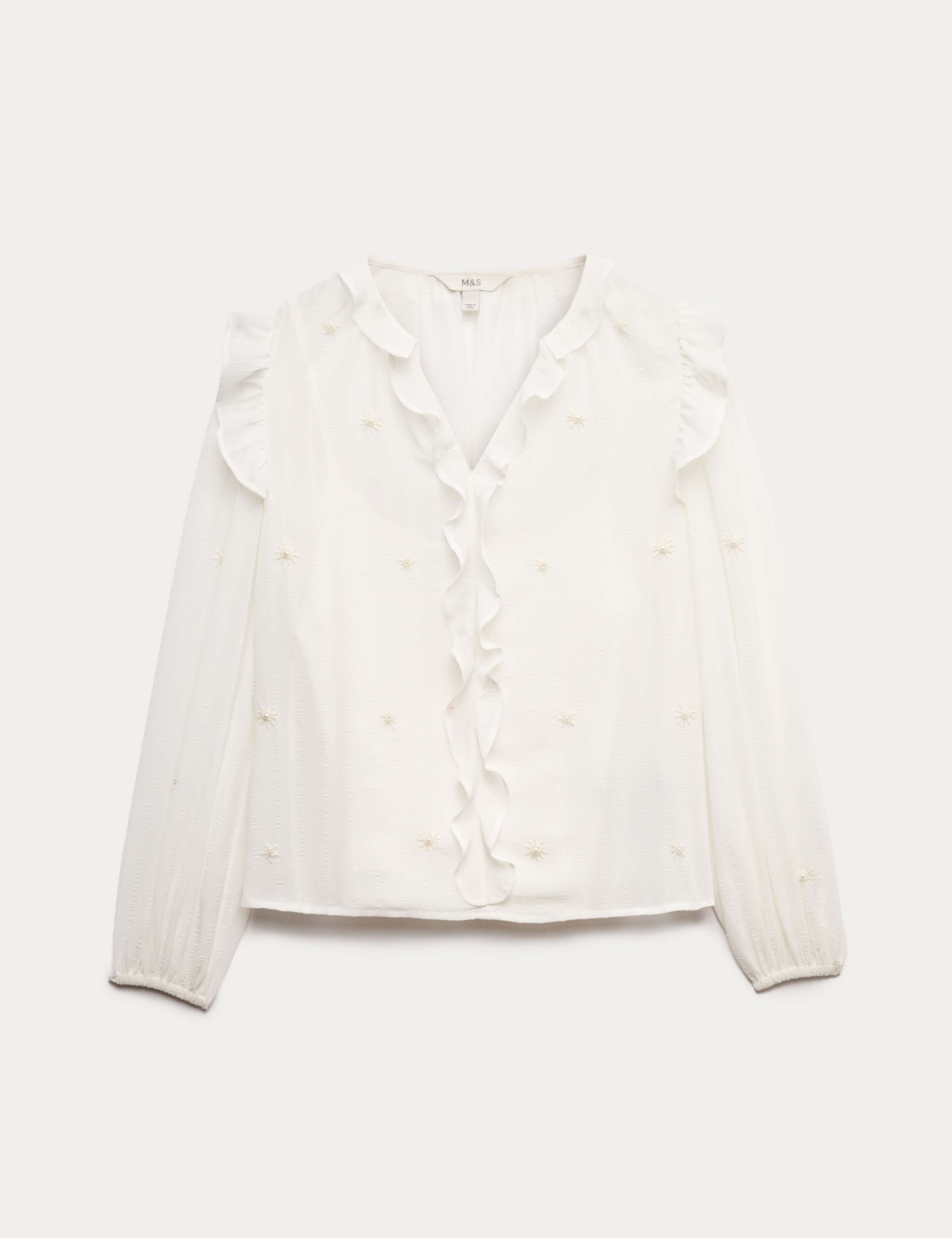 Embellished V-Neck Ruffle Long Sleeve Blouse 2 of 5
