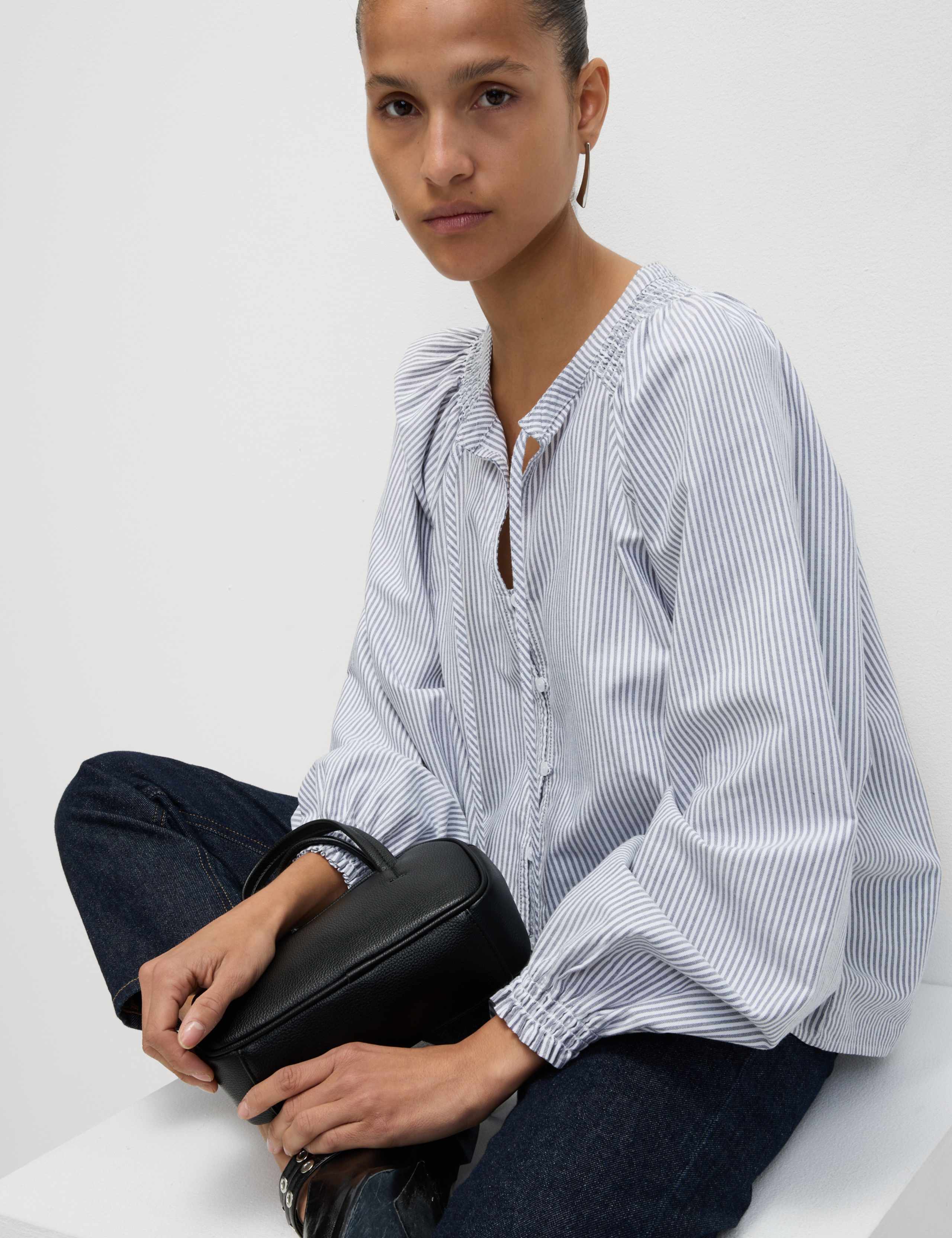 Pure Cotton Striped Tie Neck Blouse 4 of 5