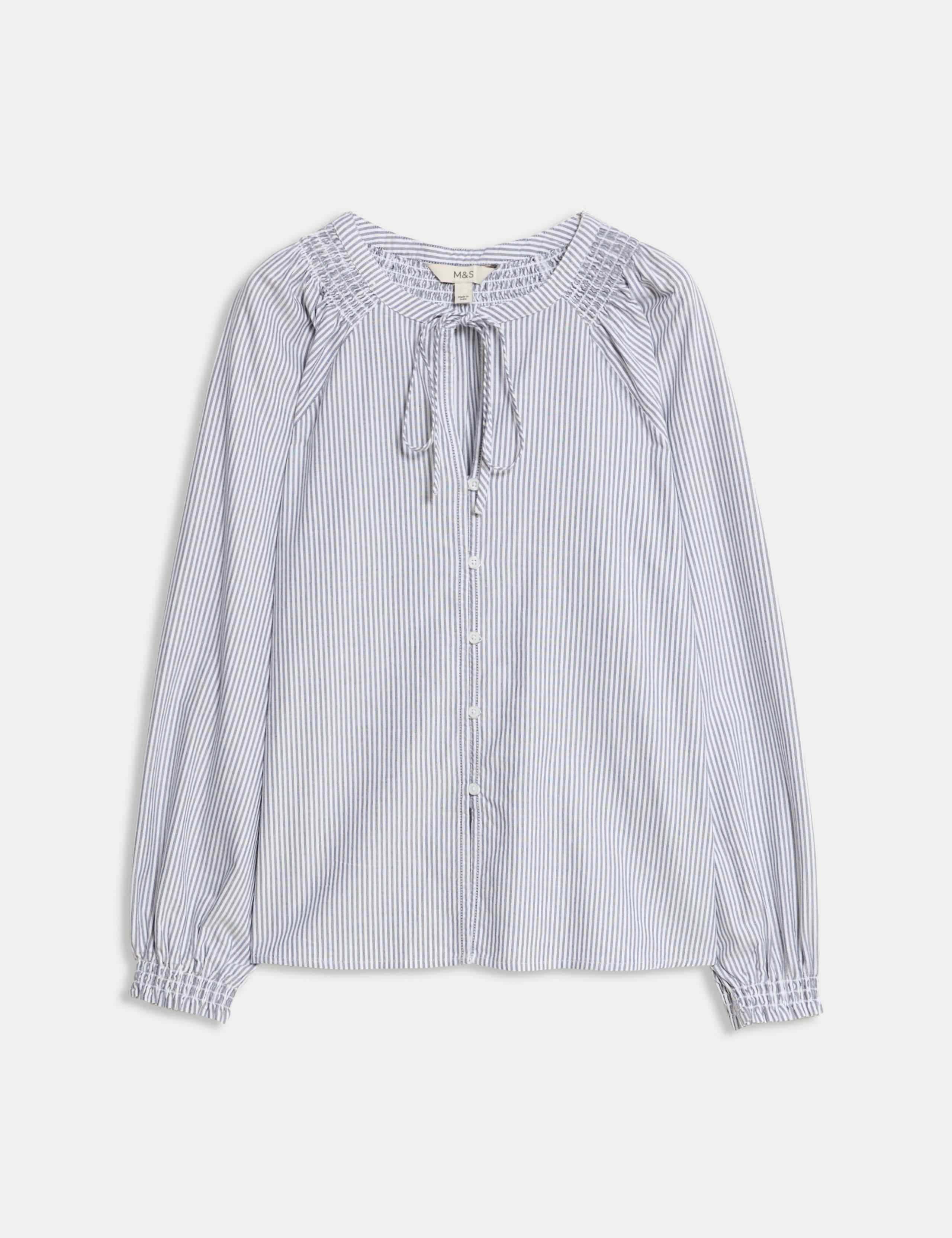 Pure Cotton Striped Tie Neck Blouse 2 of 5