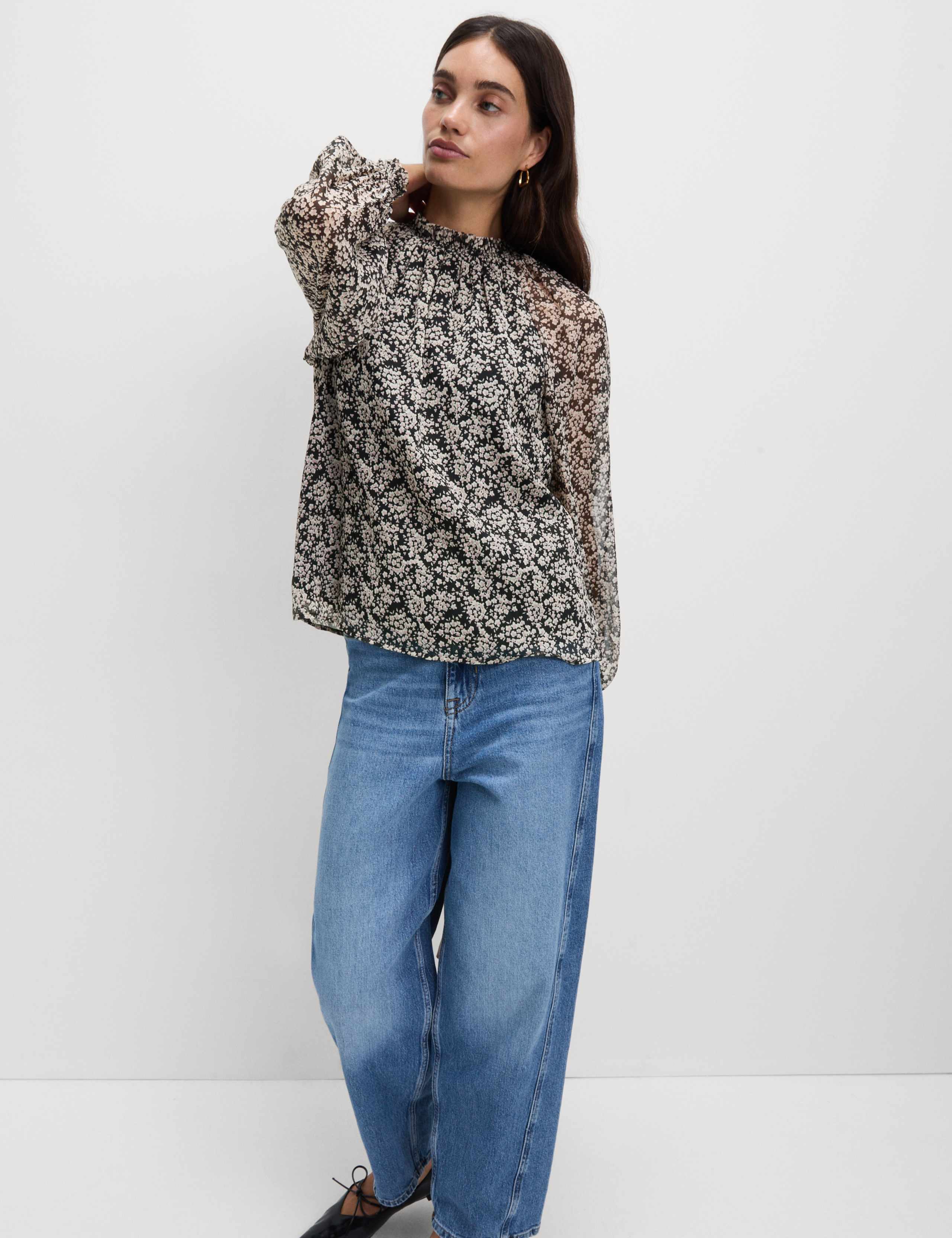 Sheer Floral Printed Long Blouson Sleeve Blouse 3 of 5