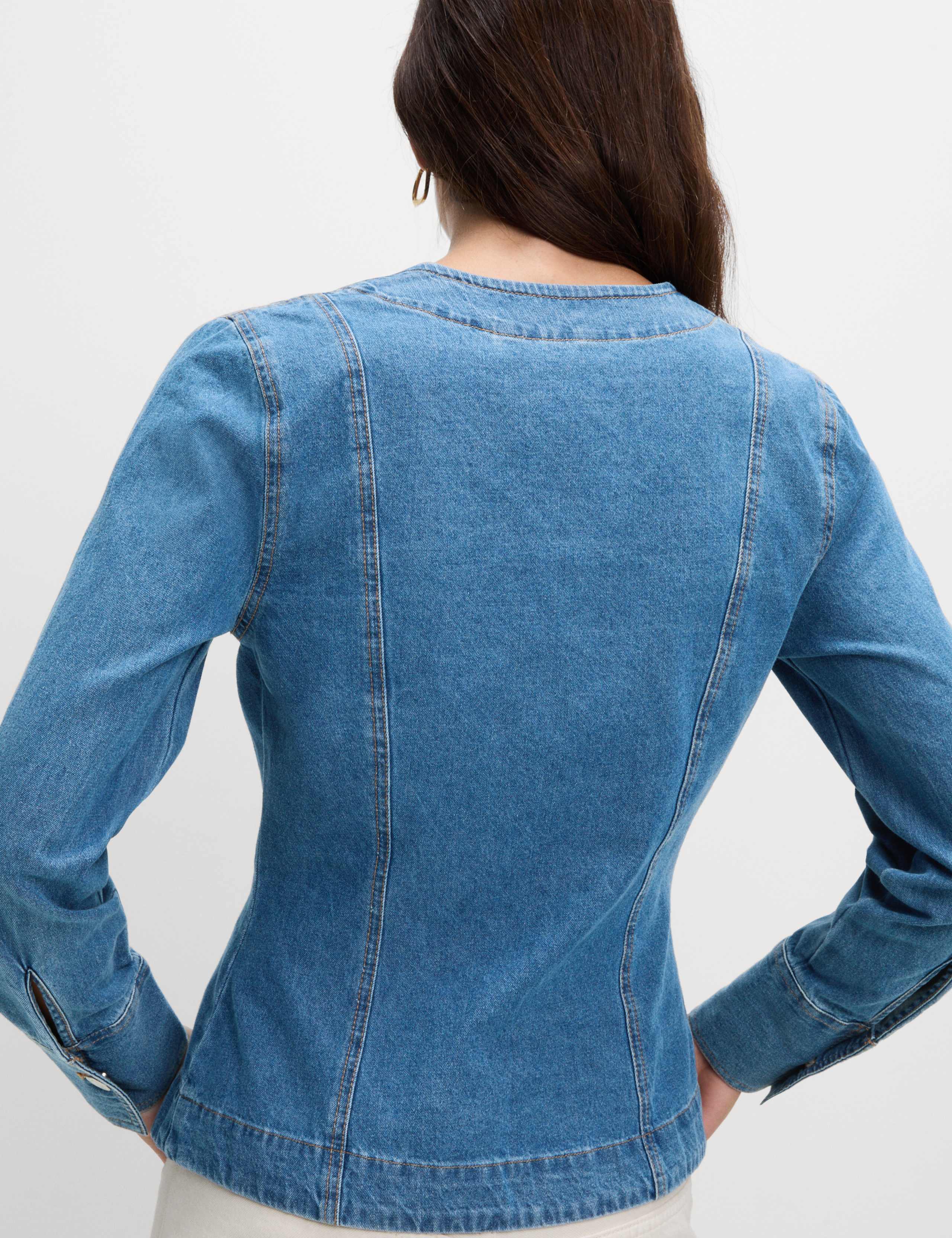 Pure Cotton Denim V-Neck Buttoned Slim Fit Shirt 4 of 5