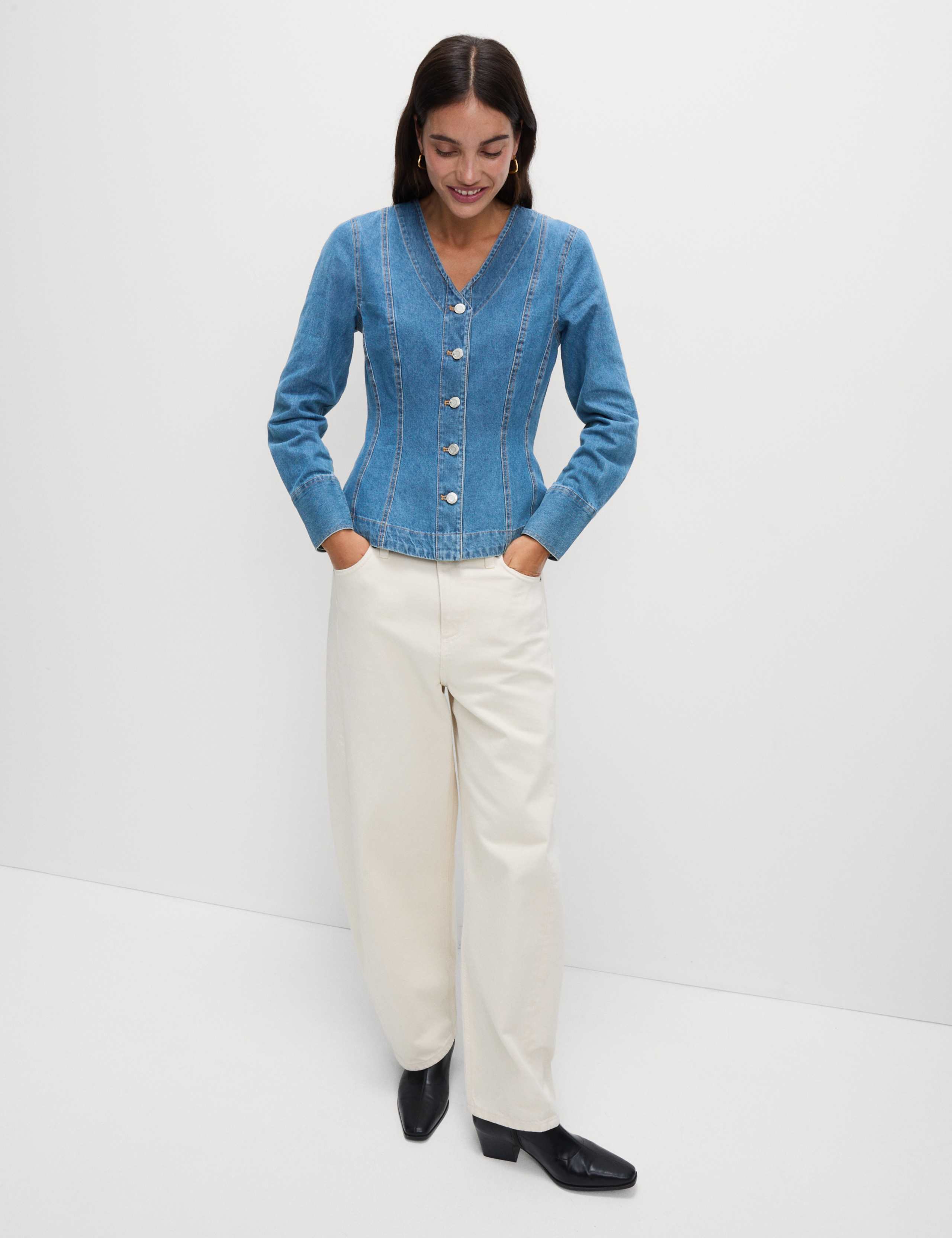 Pure Cotton Denim V-Neck Buttoned Slim Fit Shirt 5 of 5