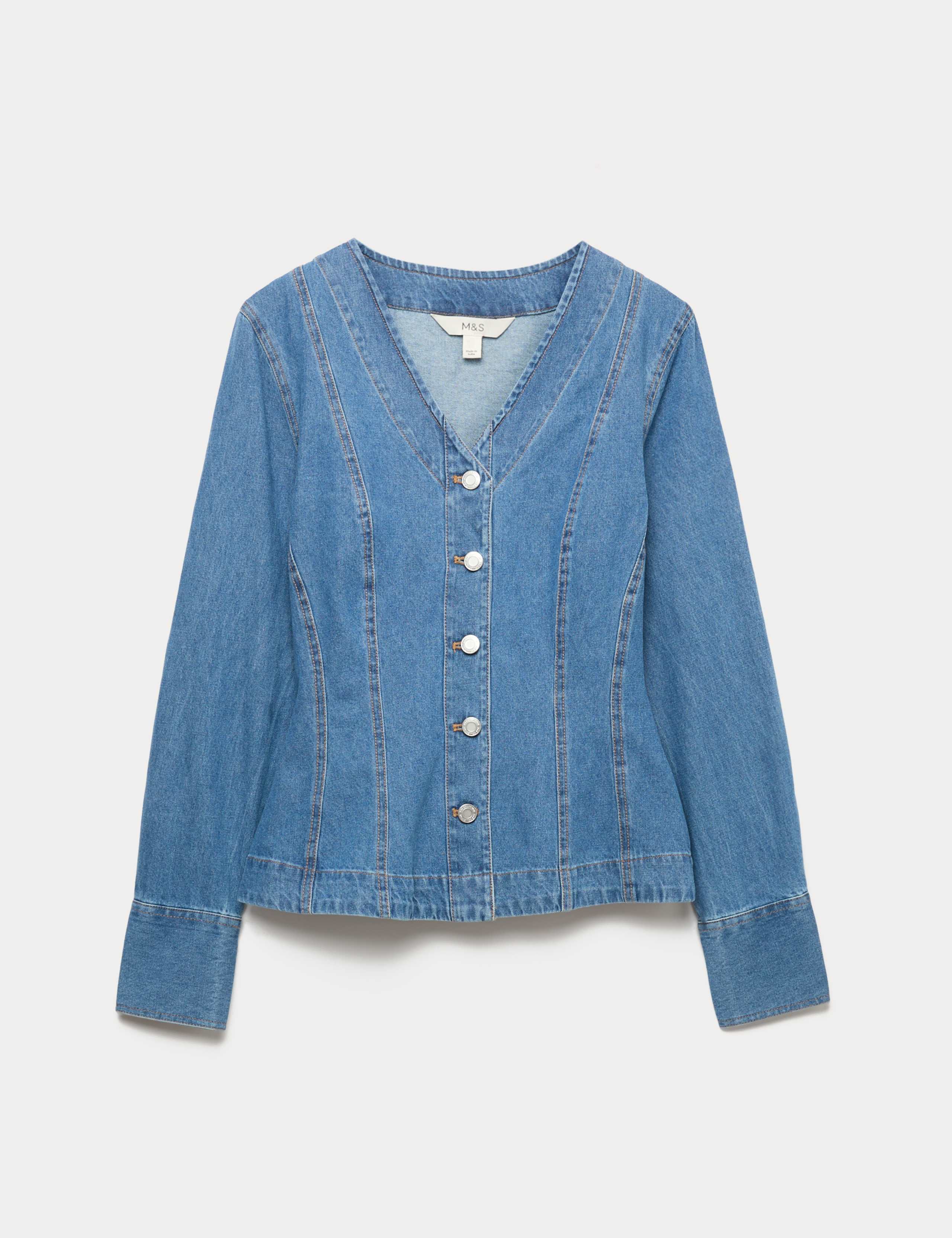 Pure Cotton Denim V-Neck Buttoned Slim Fit Shirt 2 of 5