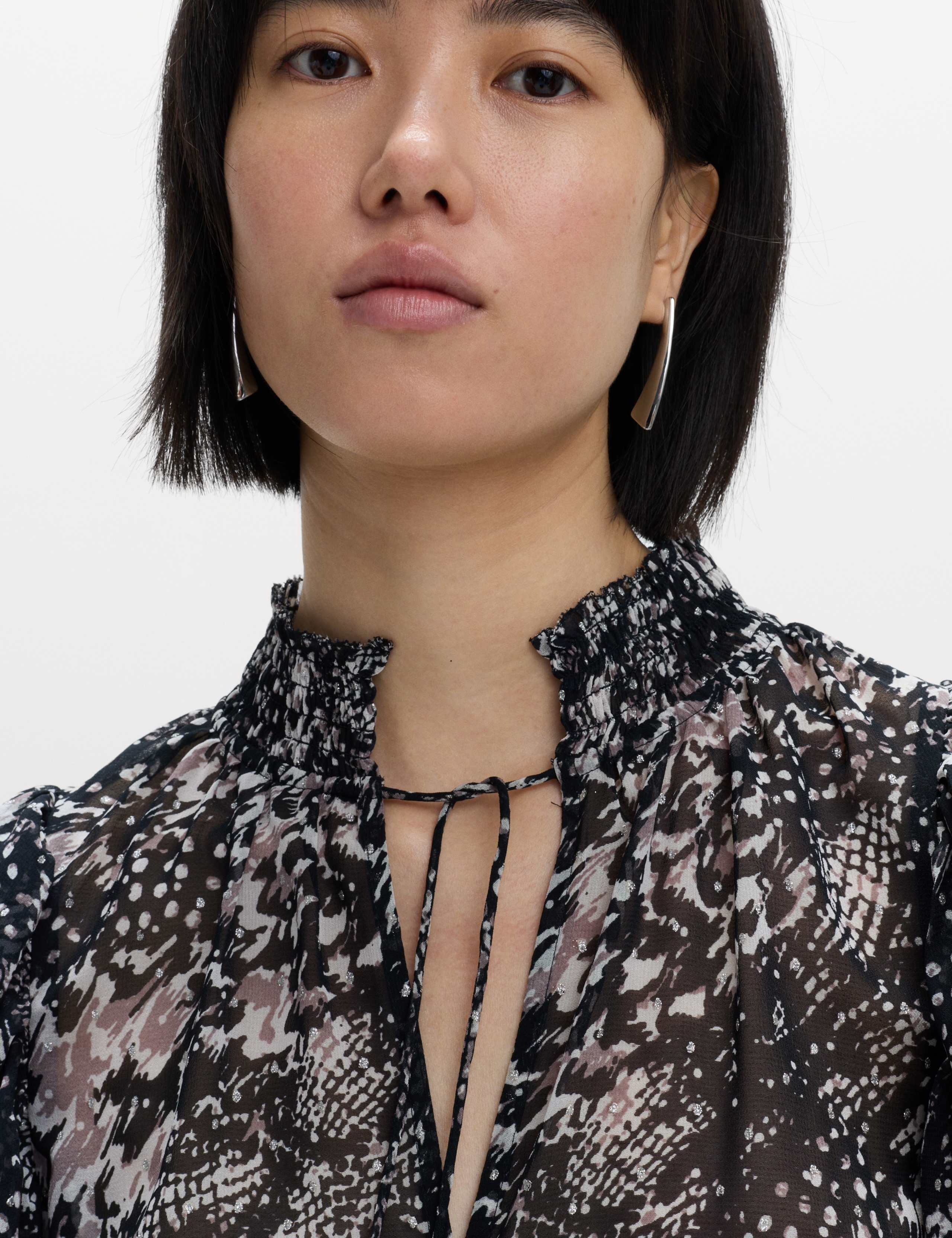 Printed Sparkly Shirred High Neck Ruffle Blouse 3 of 6