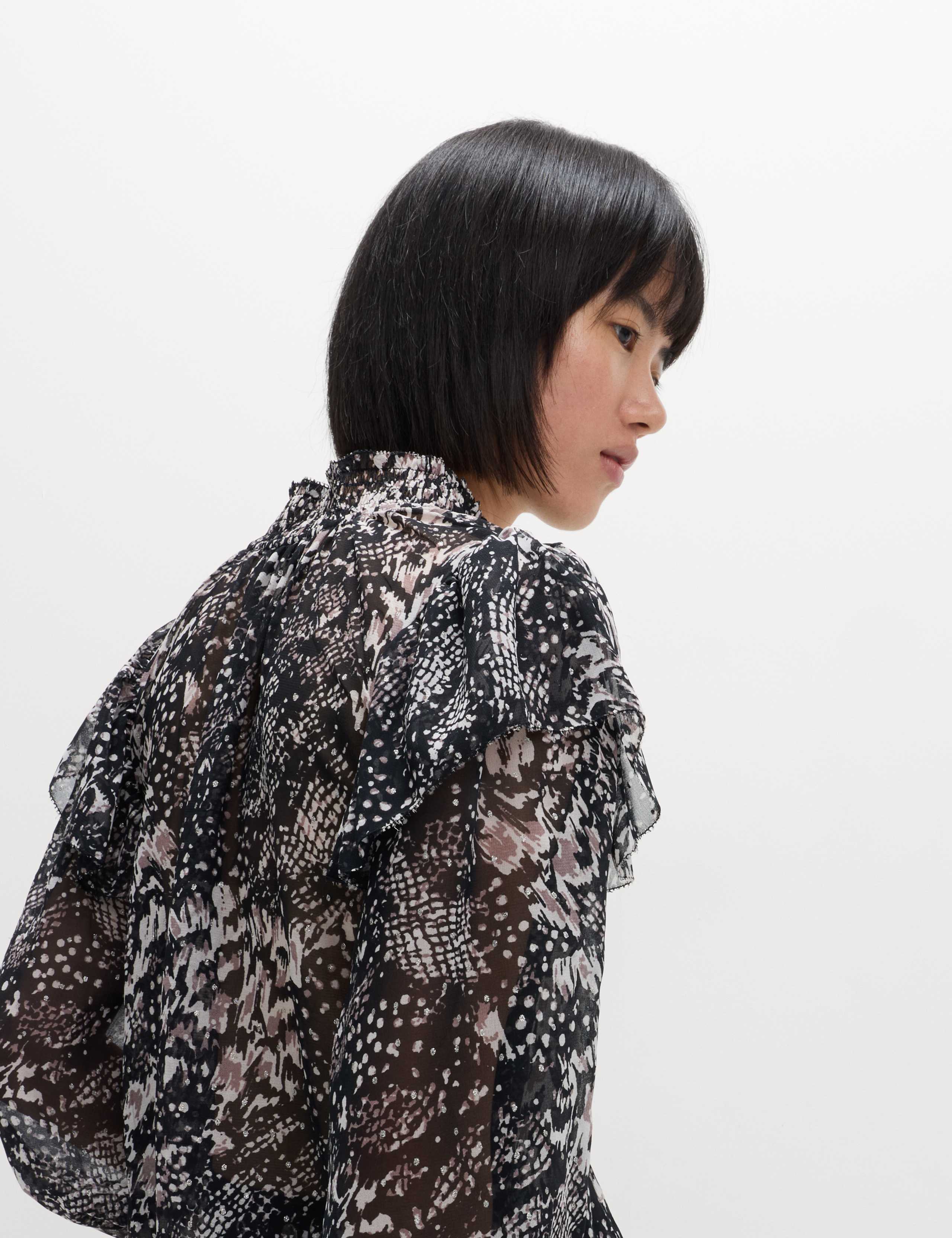 Printed Sparkly Shirred High Neck Ruffle Blouse 4 of 6