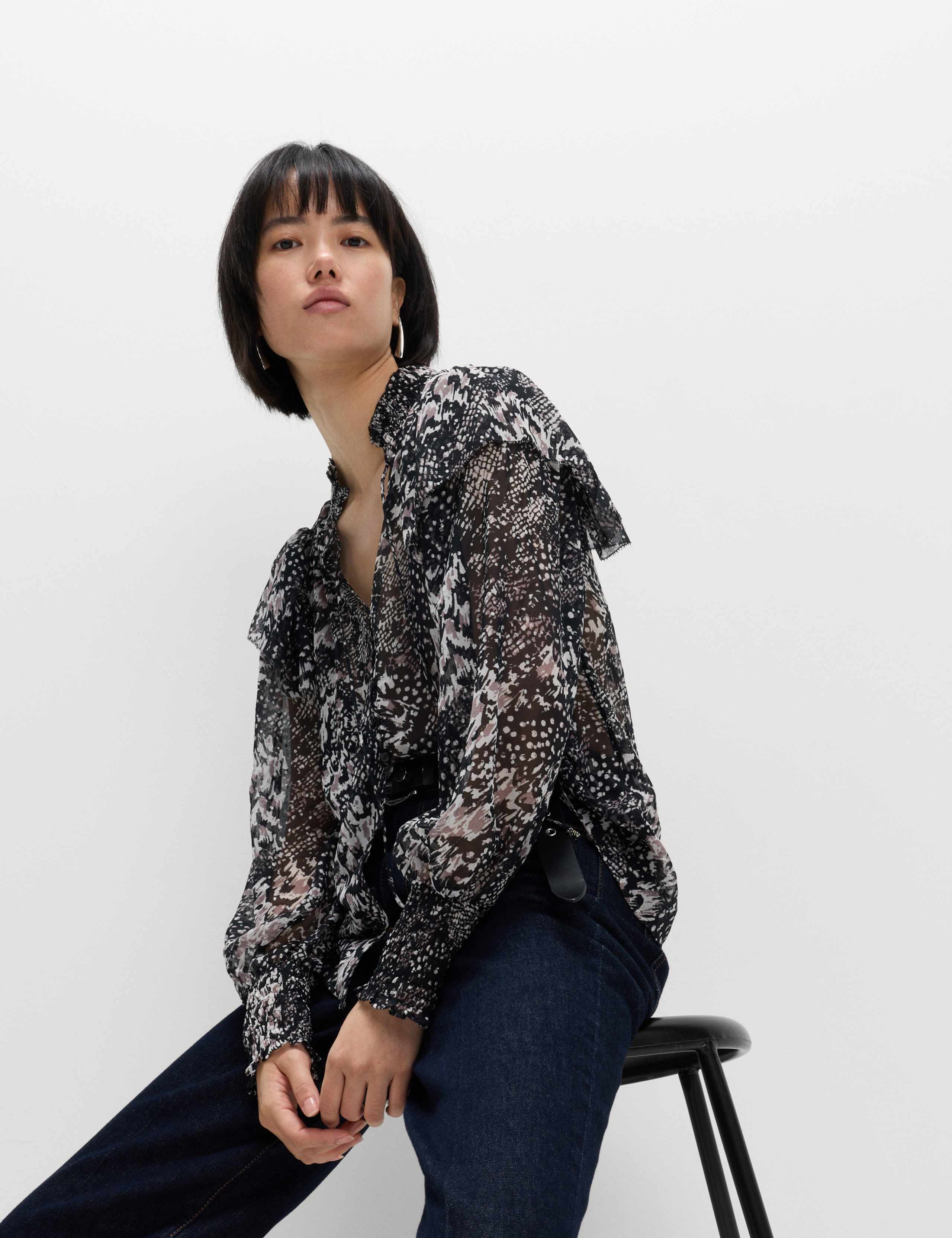 Printed Sparkly Shirred High Neck Ruffle Blouse 5 of 6