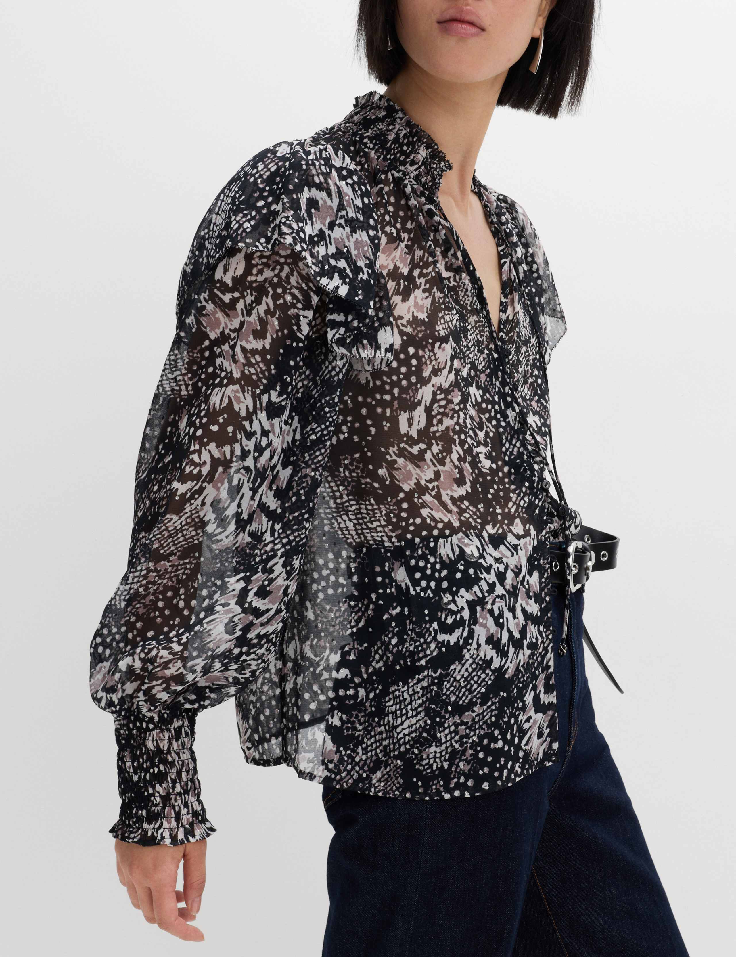 Printed Sparkly Shirred High Neck Ruffle Blouse 6 of 6